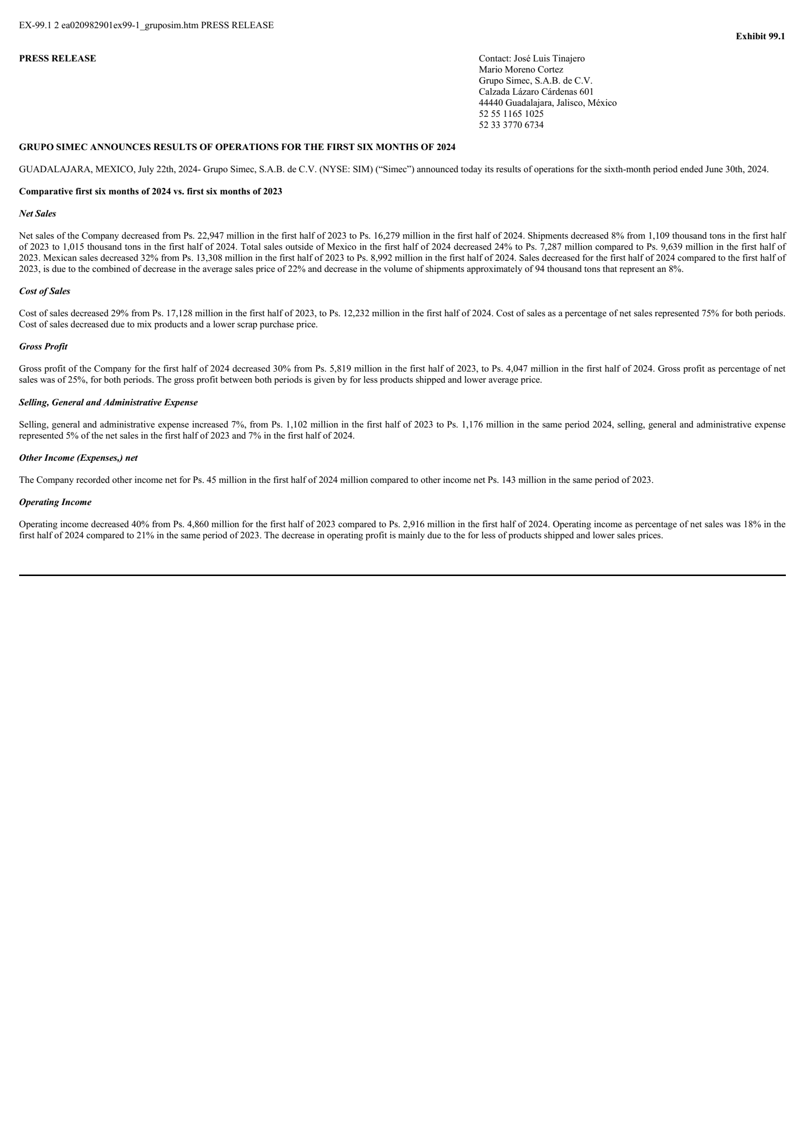 Grupo Simec's Q2 2024 Press Release