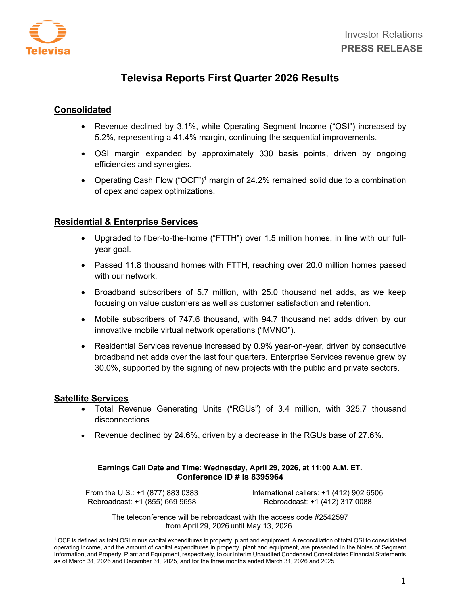 Grupo Televisa's Q1 2026 Press Release