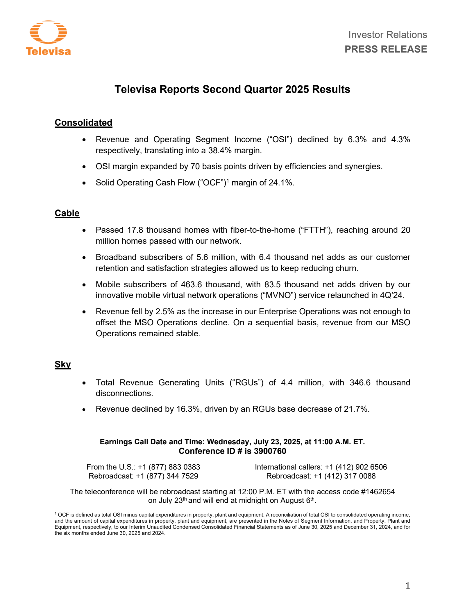 Grupo Televisa's Q2 2025 Press Release