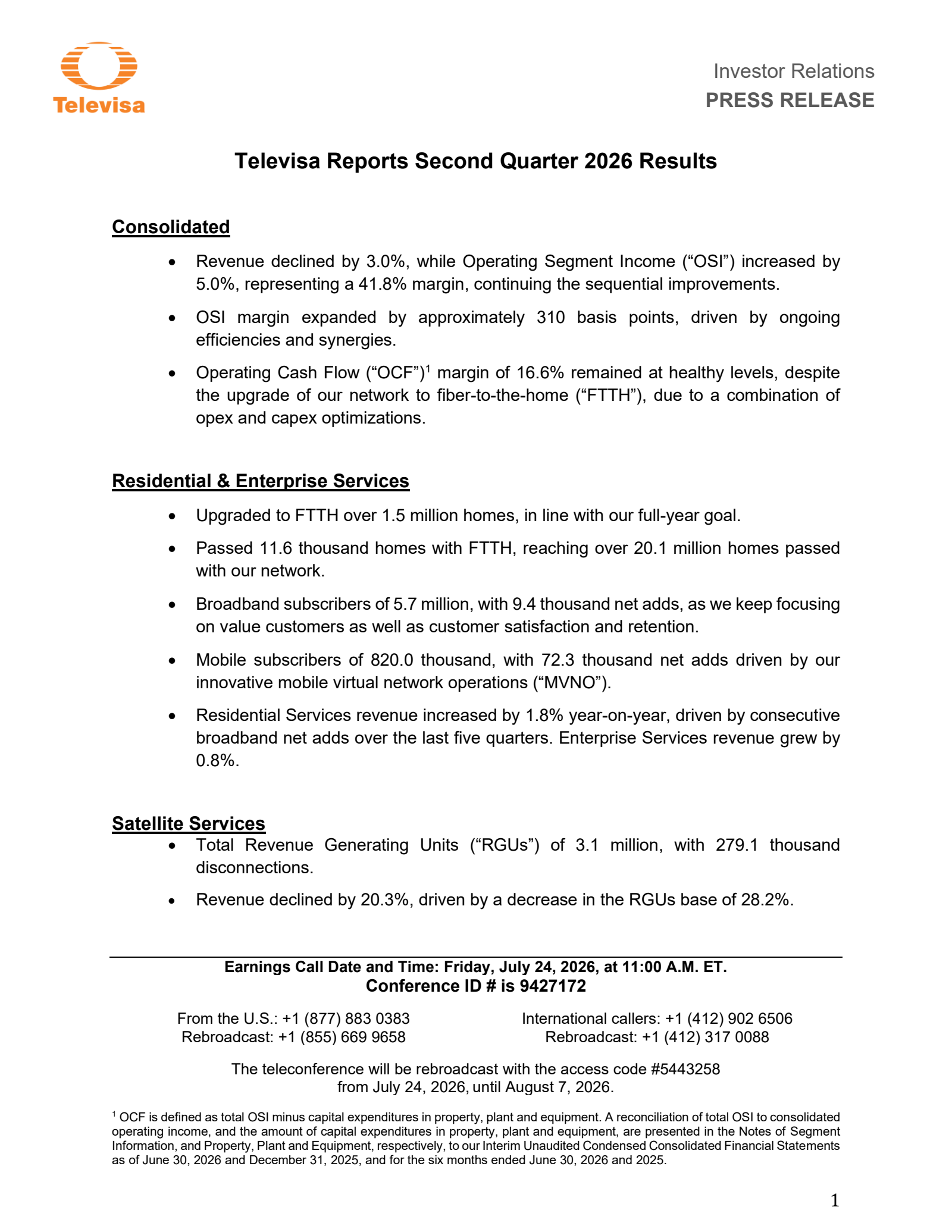 Grupo Televisa's Q2 2026 Press Release