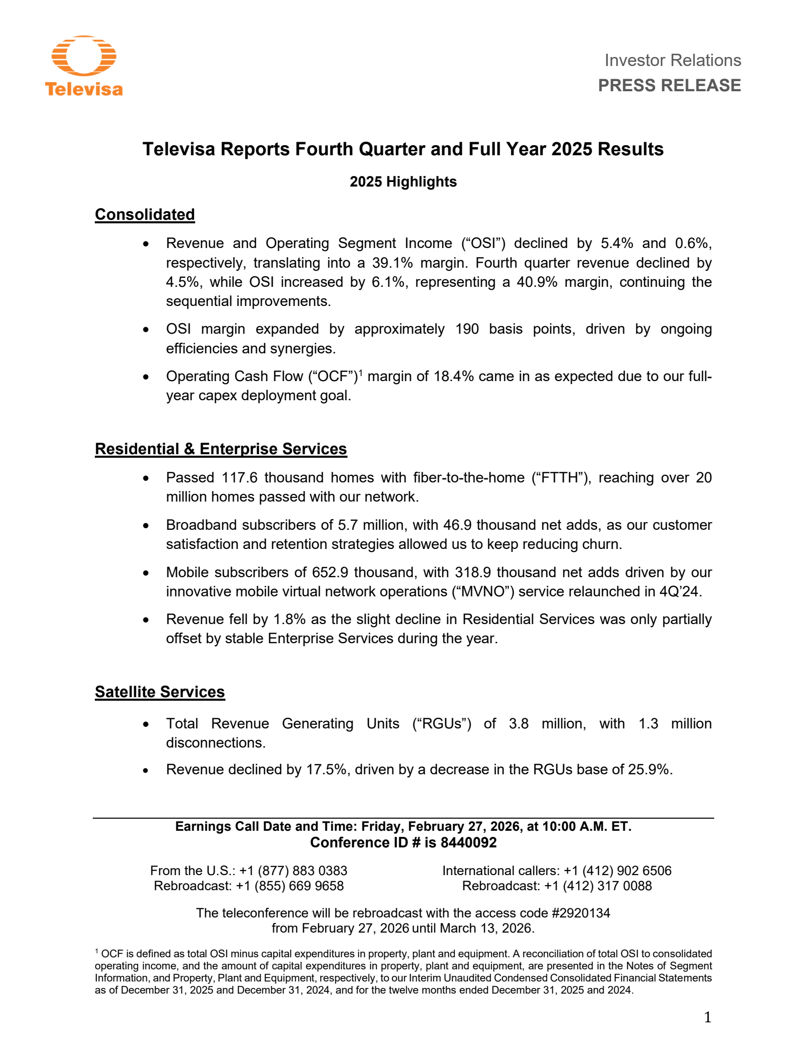 Grupo Televisa's Q4 2025 Press Release