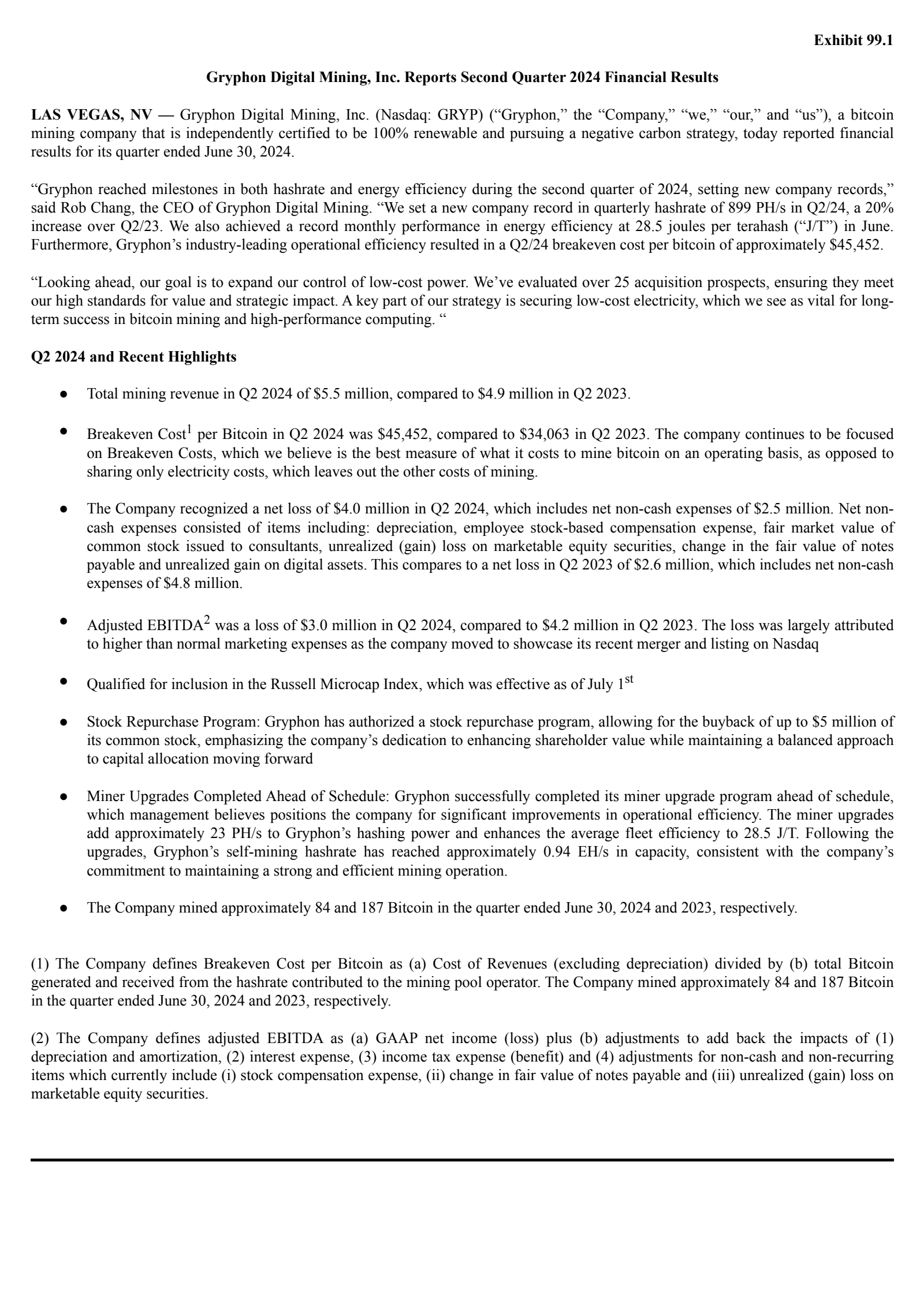 Gryphon Digital Mining's Q2 2024 Press Release