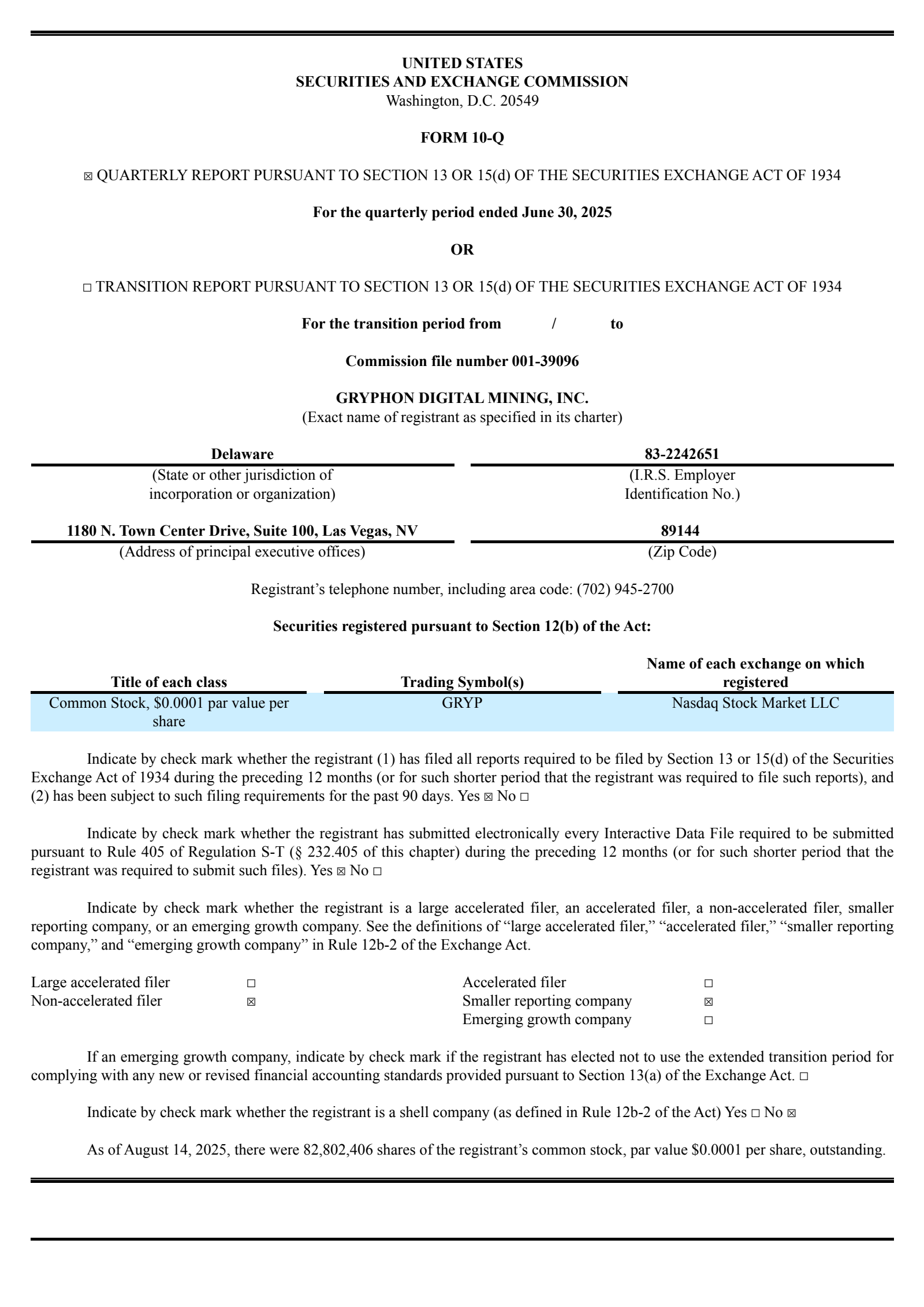 Gryphon Digital Mining's Q2 2025 Quarterly report