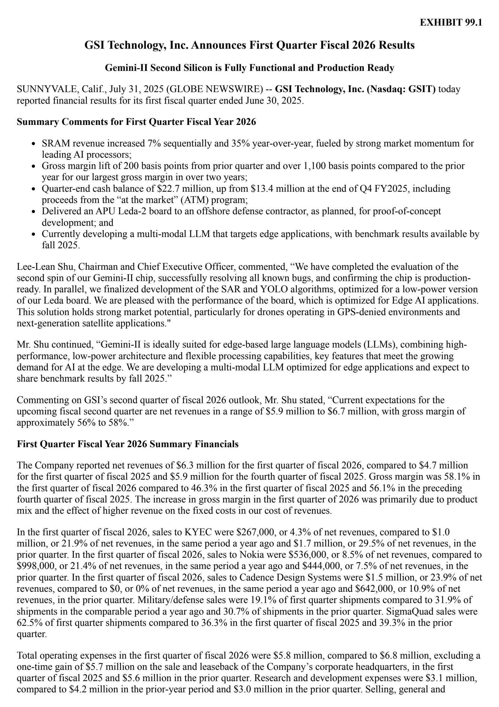 GSI Technology's Q1 2026 Press Release