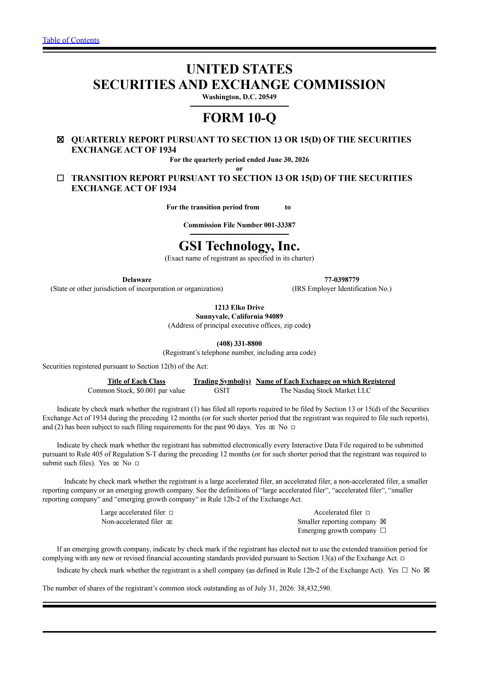 GSI Technology's Q1 2027 Quarterly report