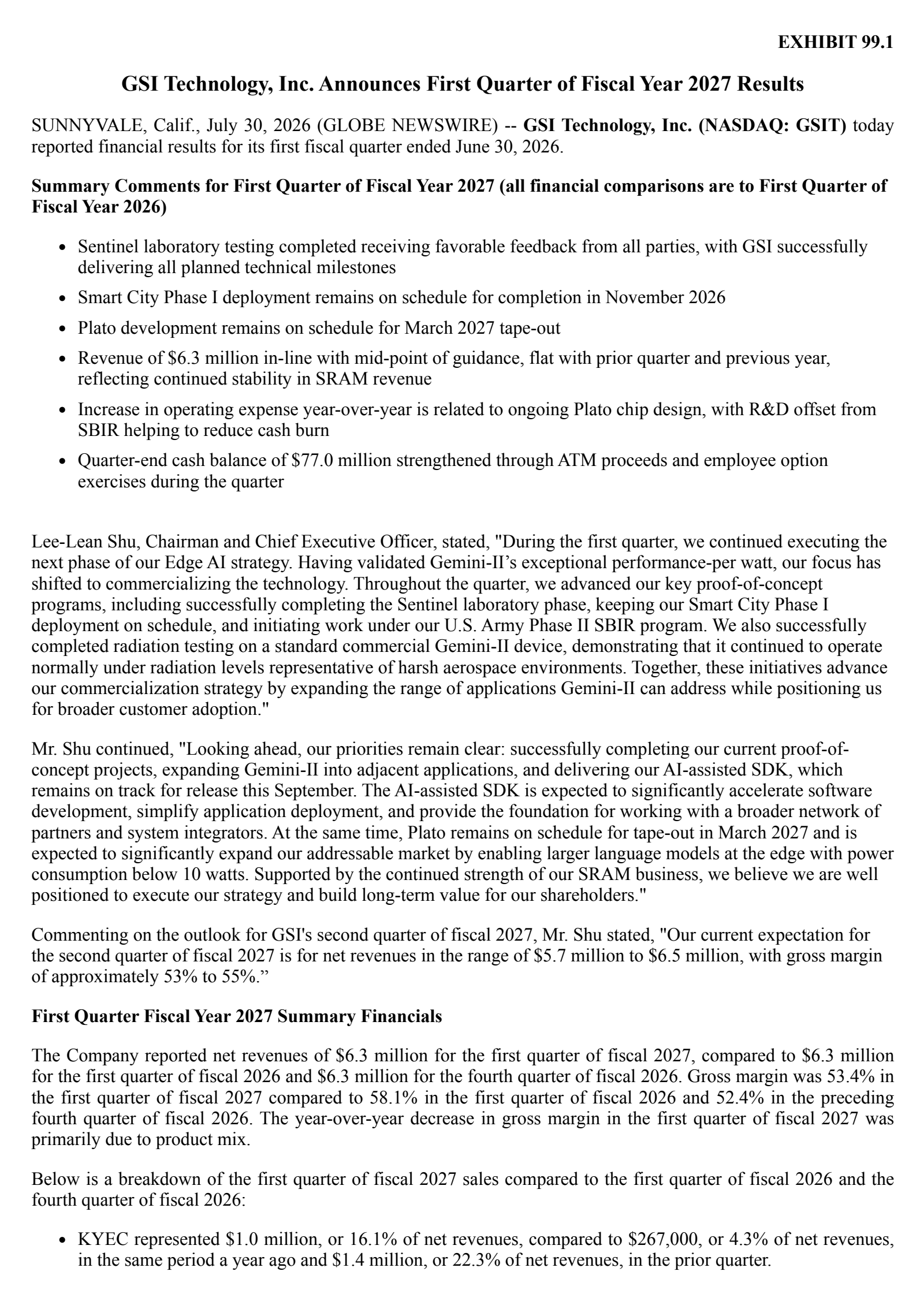 GSI Technology's Q1 2027 Press Release