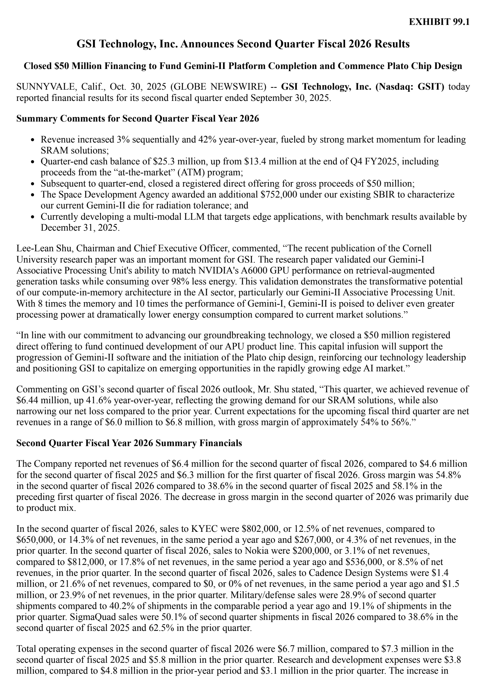 GSI Technology's Q2 2026 Earnings Release
