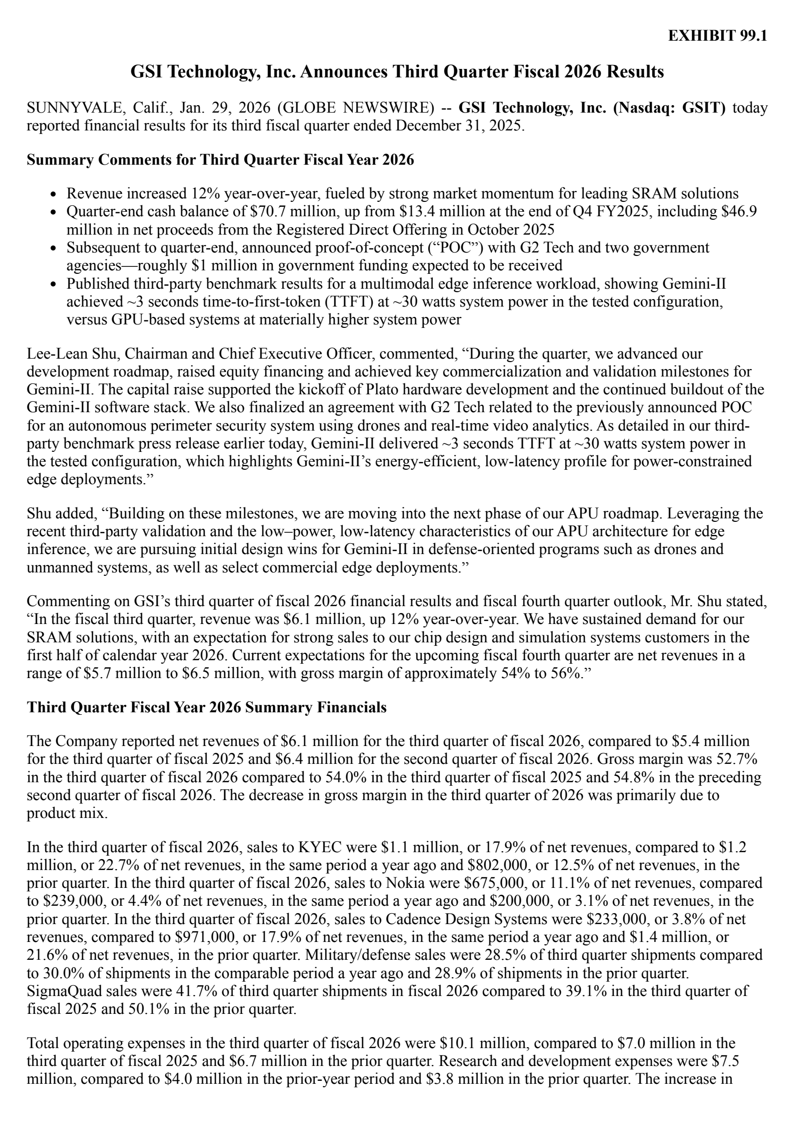 GSI Technology's Q3 2026 Press Release