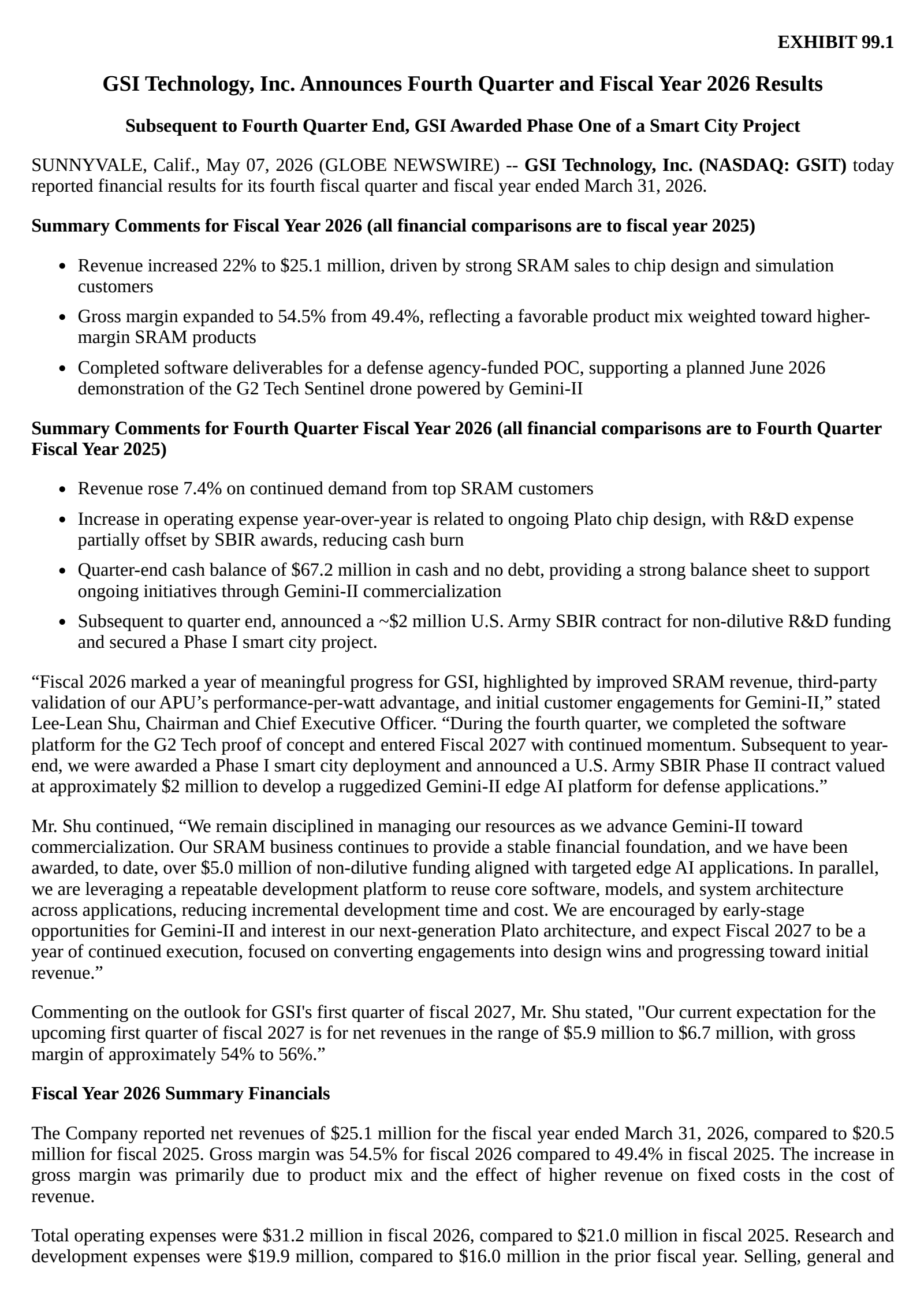 GSI Technology's Q4 2026 Press Release