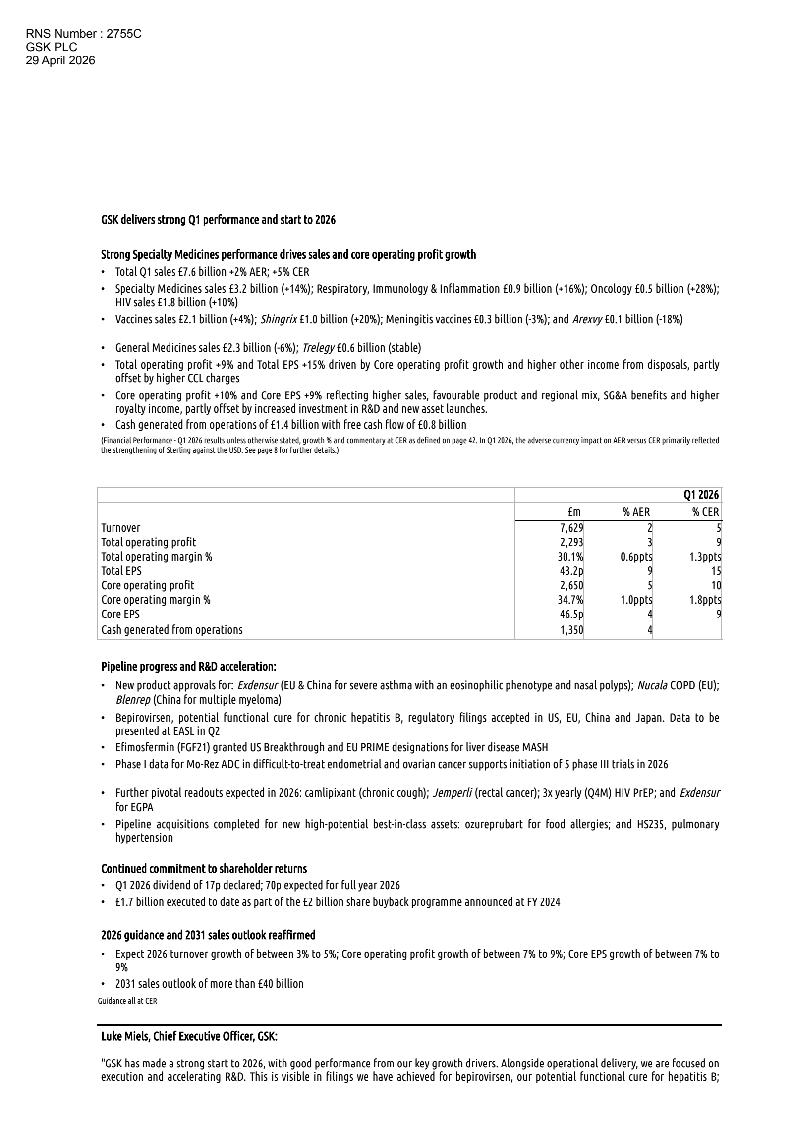 GSK's Q1 2026 Interim report