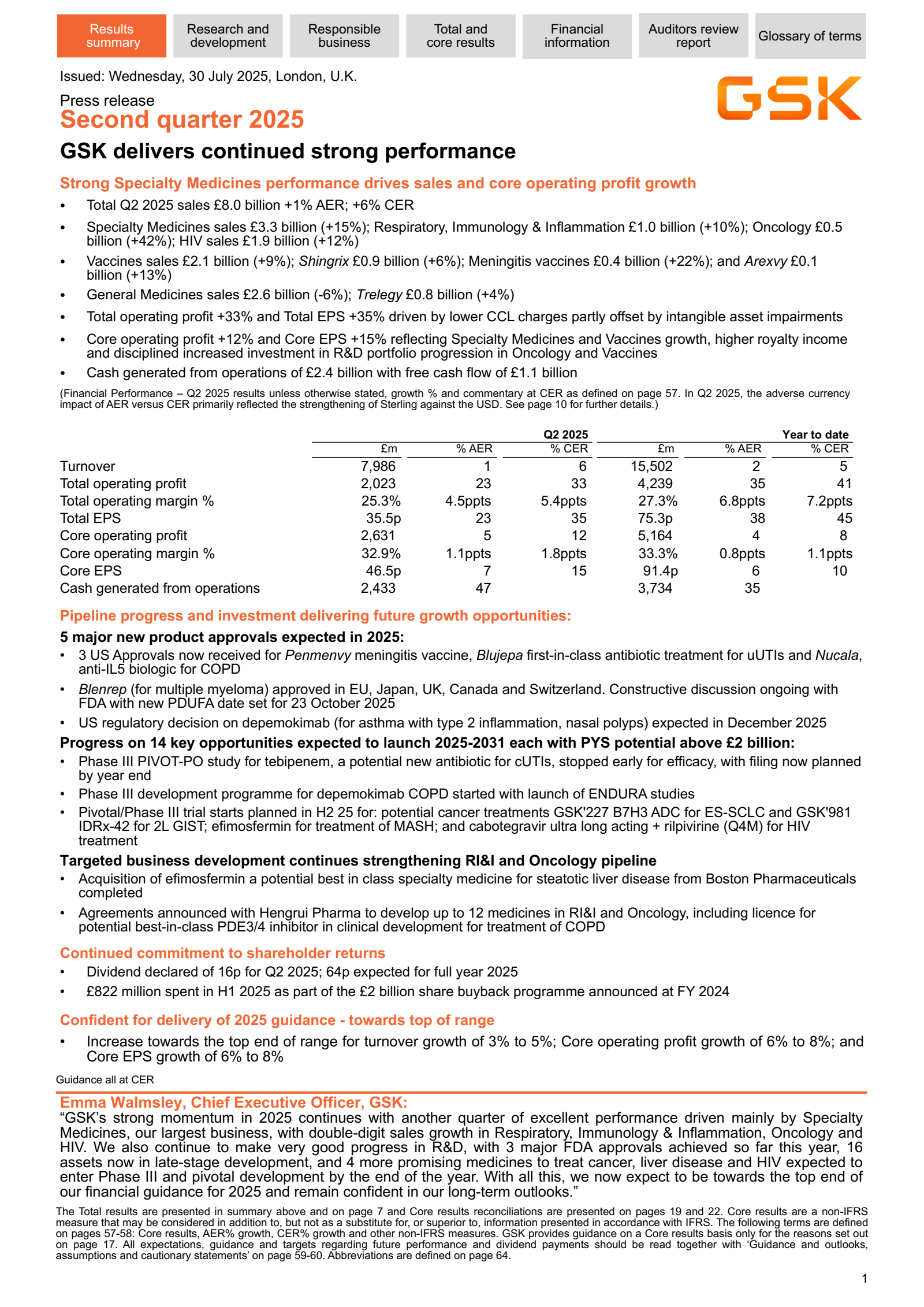 GSK's Q2 2025 Interim report