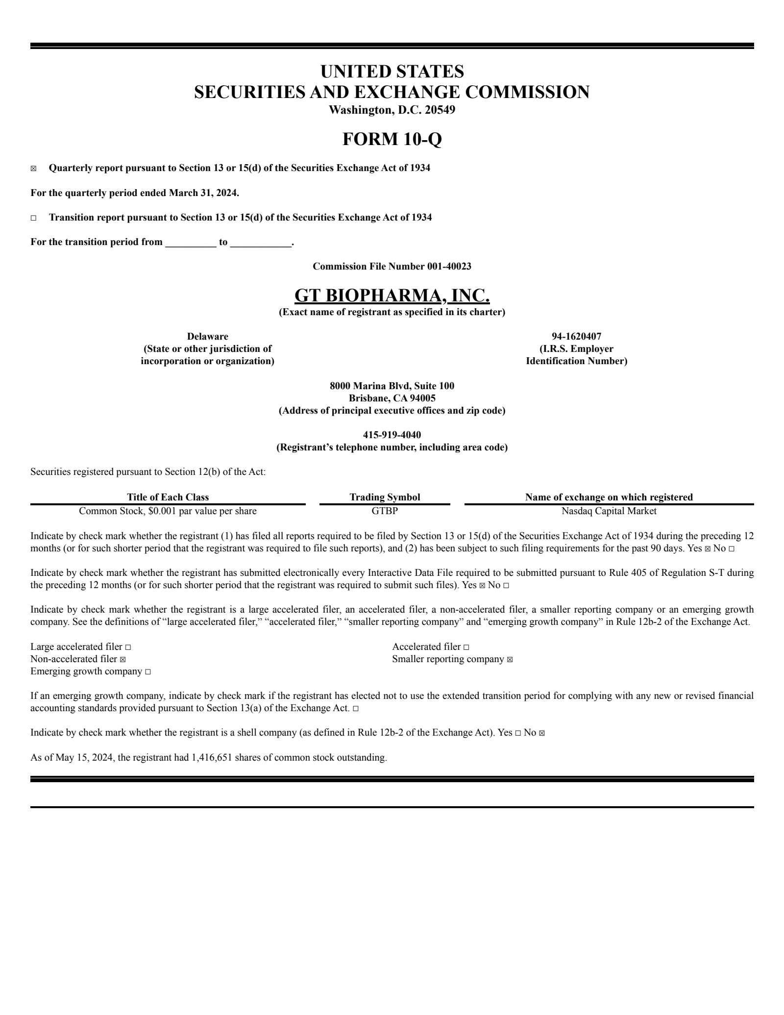 GT Biopharma's Q1 2024 Quarterly Report