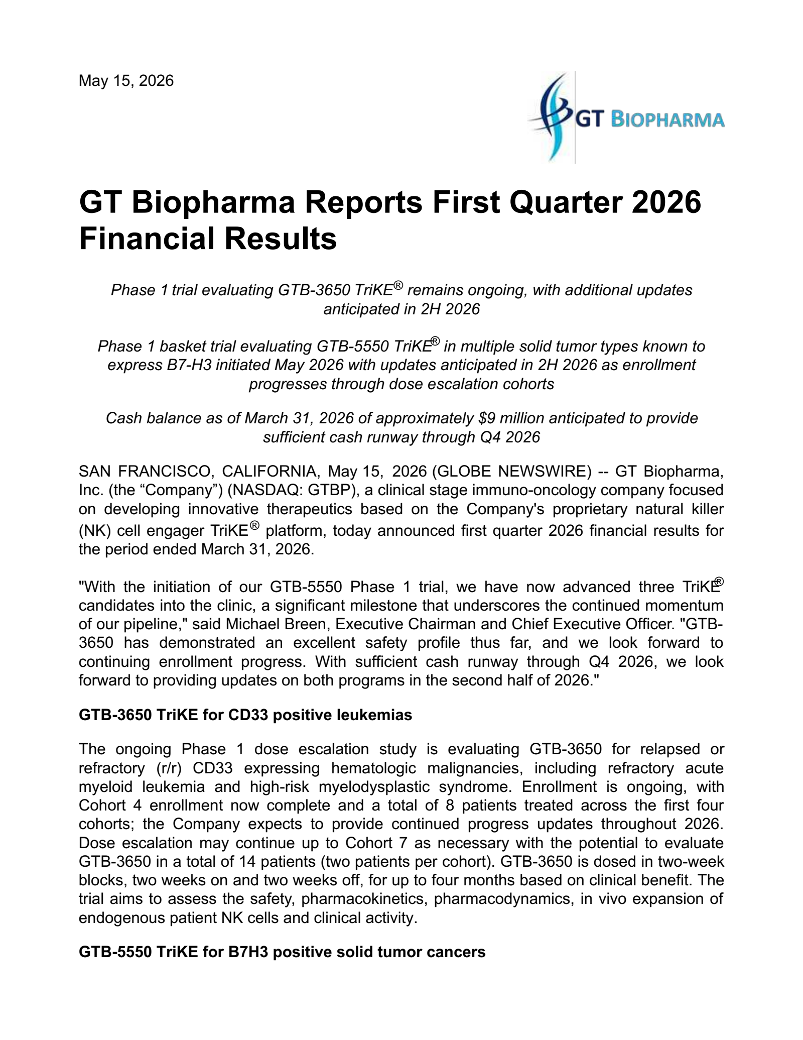 GT Biopharma's Q1 2026 Press Release