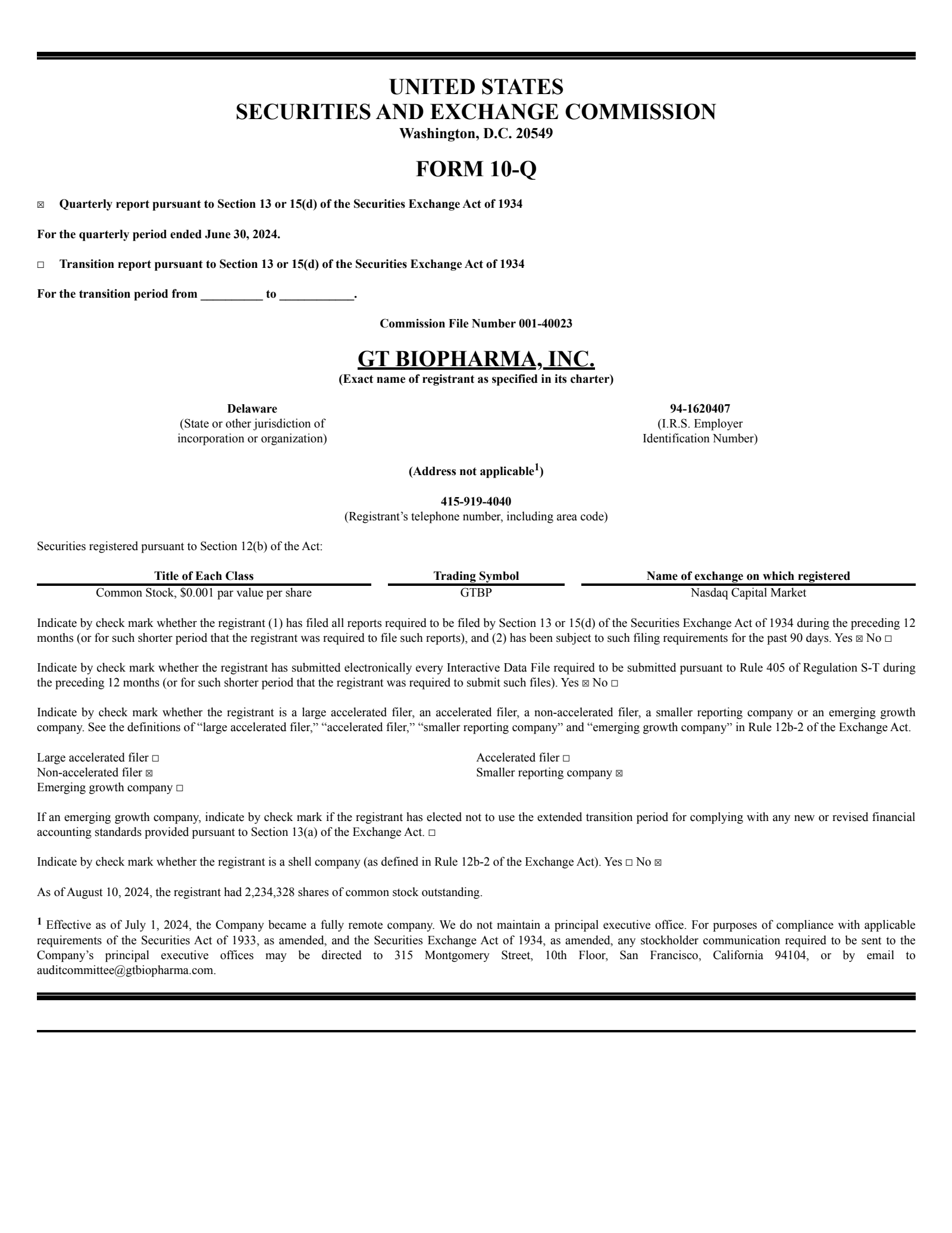 GT Biopharma's Q2 2024 Quarterly Report