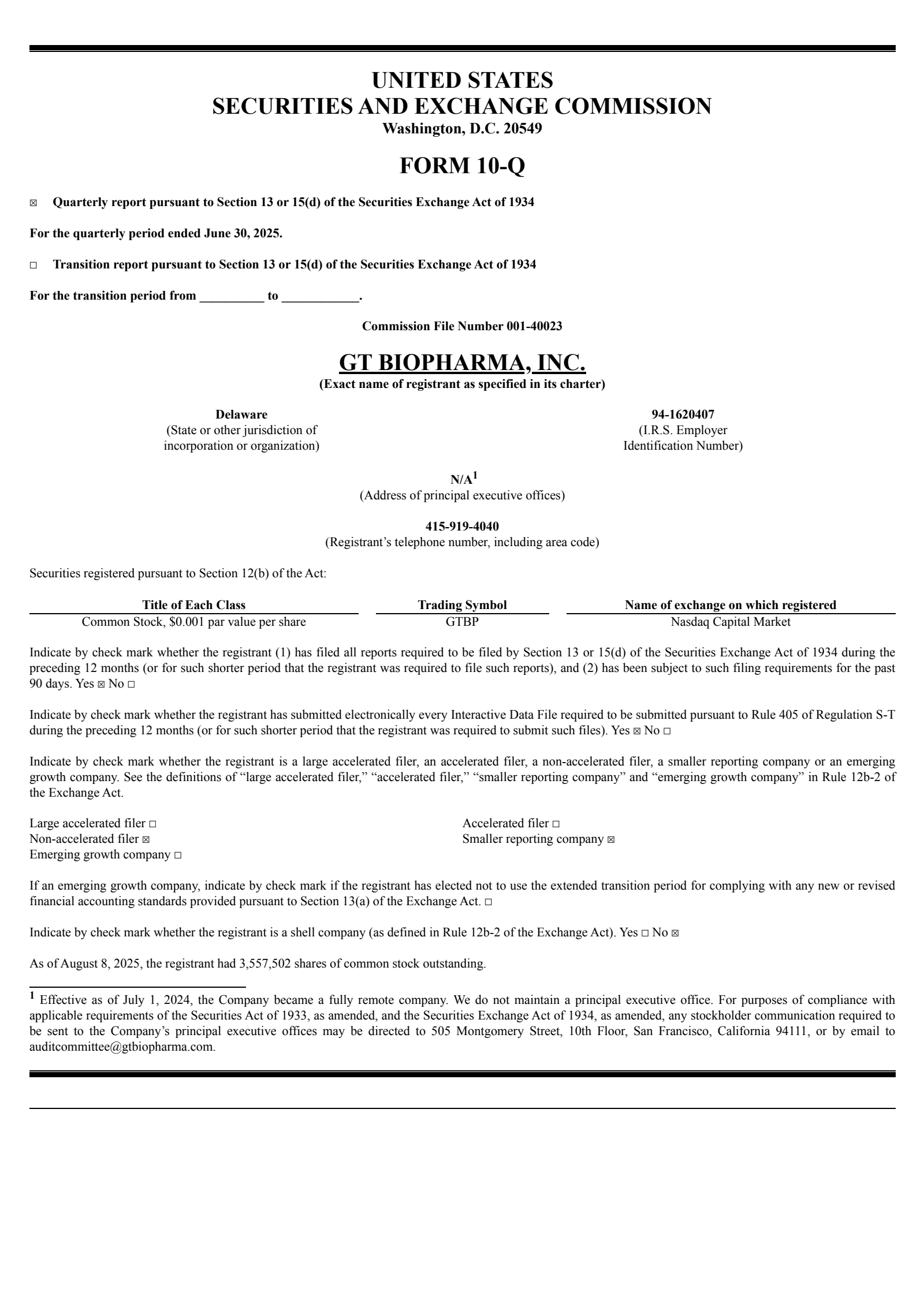 GT Biopharma's Q2 2025 Quarterly report
