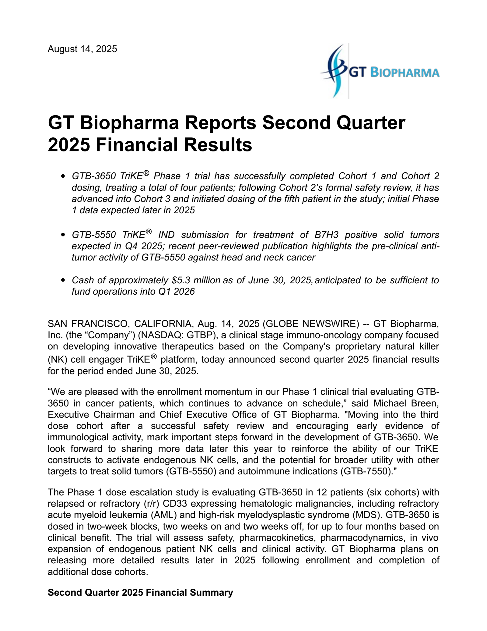 GT Biopharma's Q2 2025 Press Release
