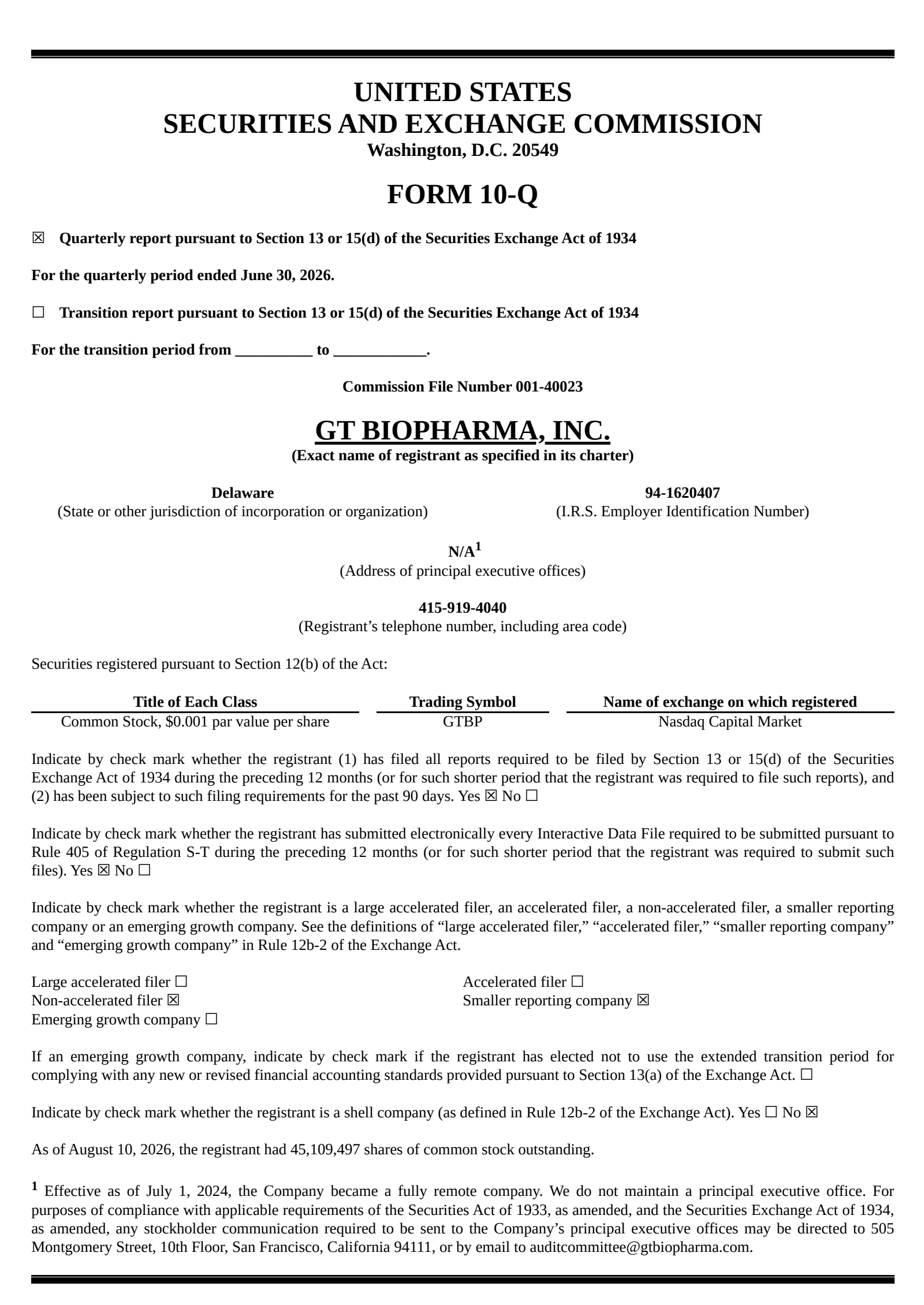 GT Biopharma's Q2 2026 Quarterly report