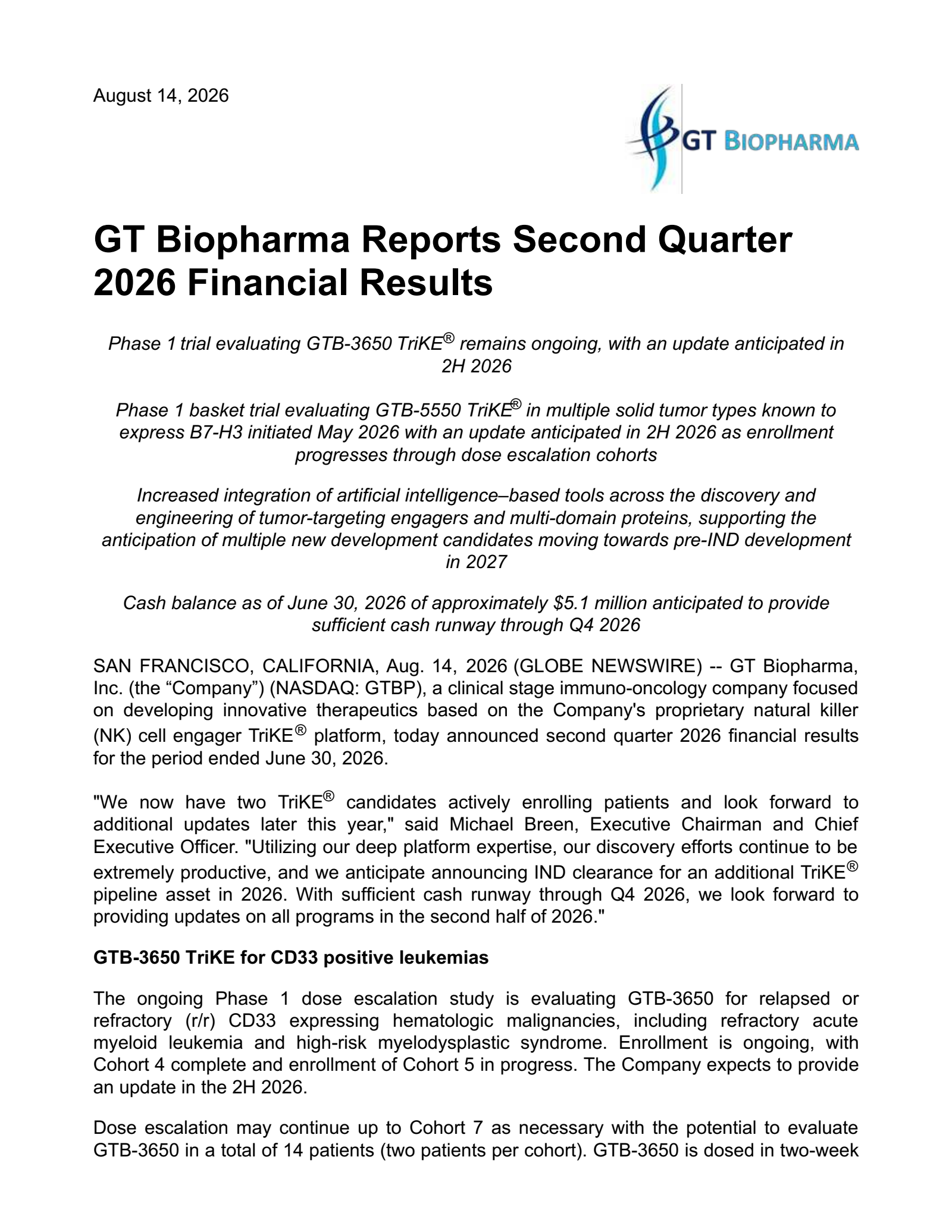 GT Biopharma's Q2 2026 Press Release