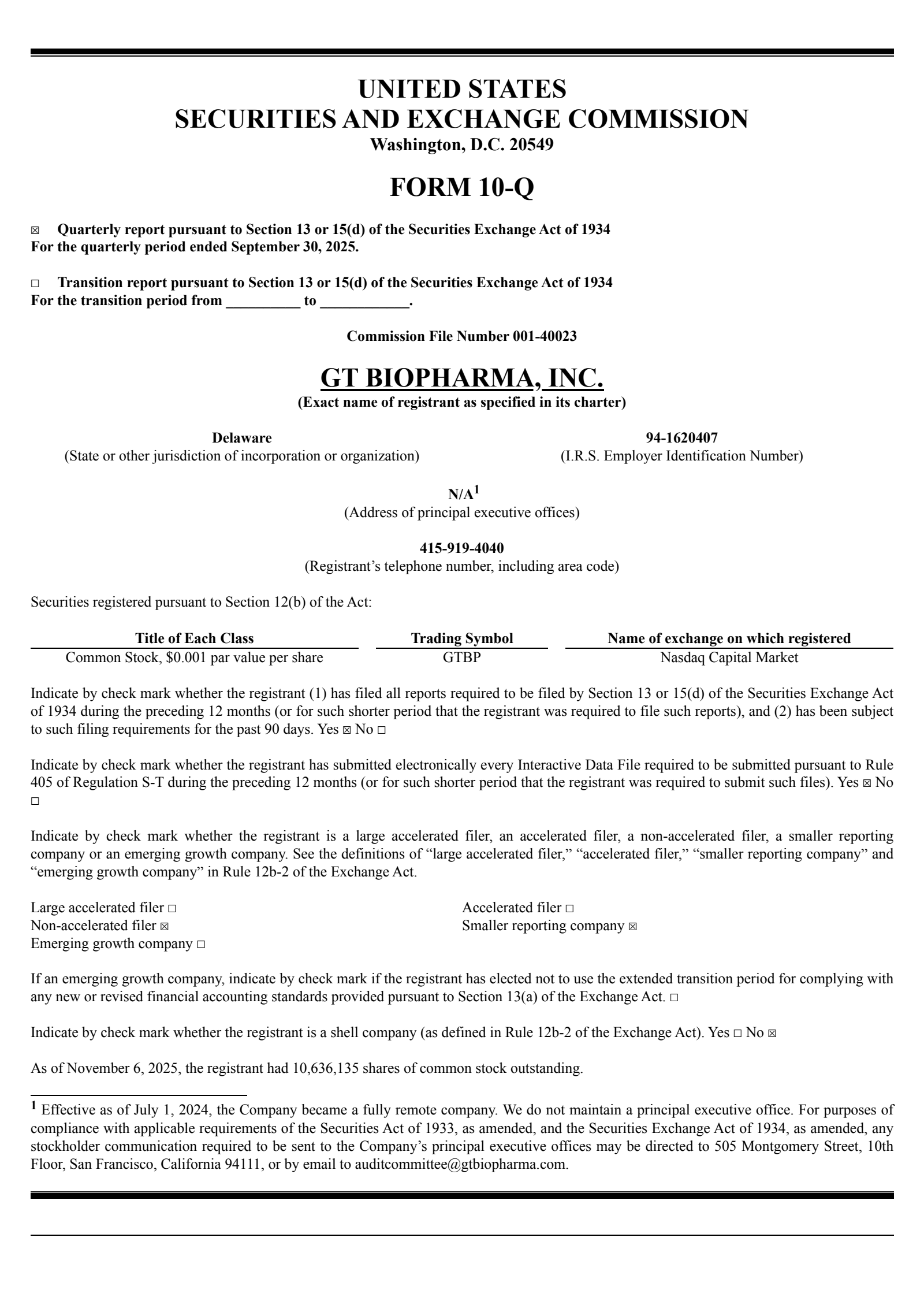 GT Biopharma's Q3 2025 Quarterly Report