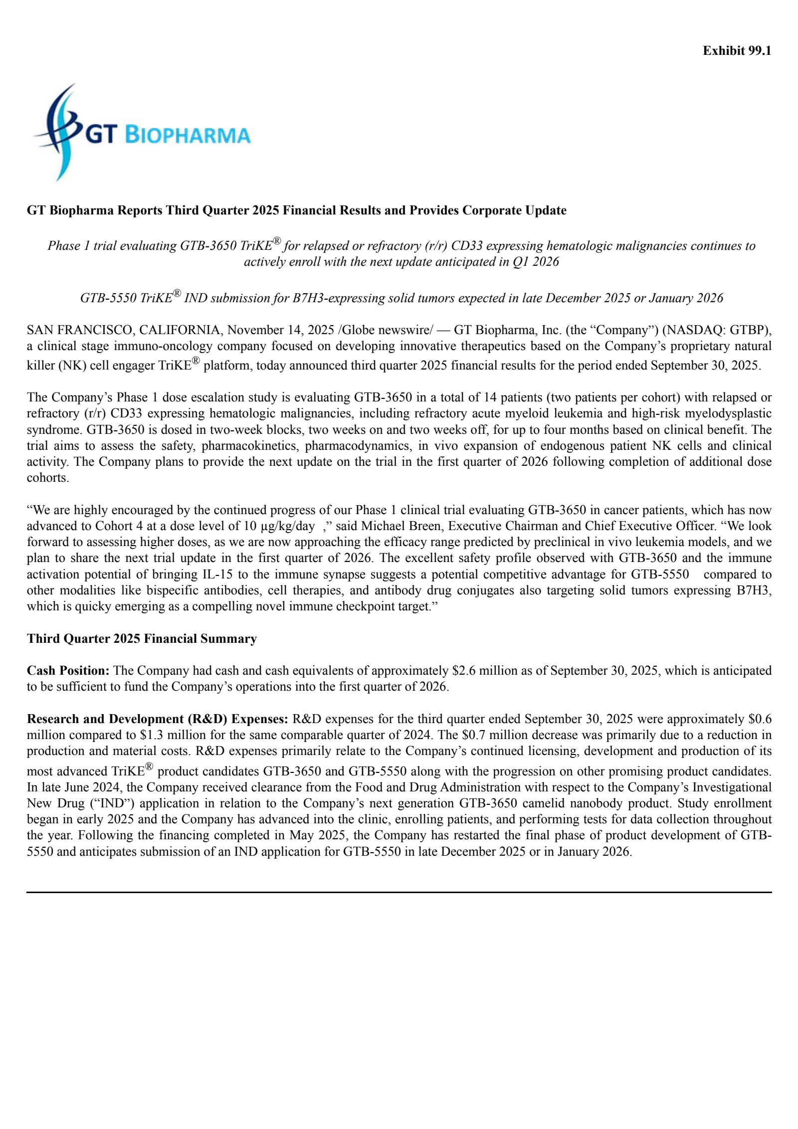 GT Biopharma's Q3 2025 Earnings Release