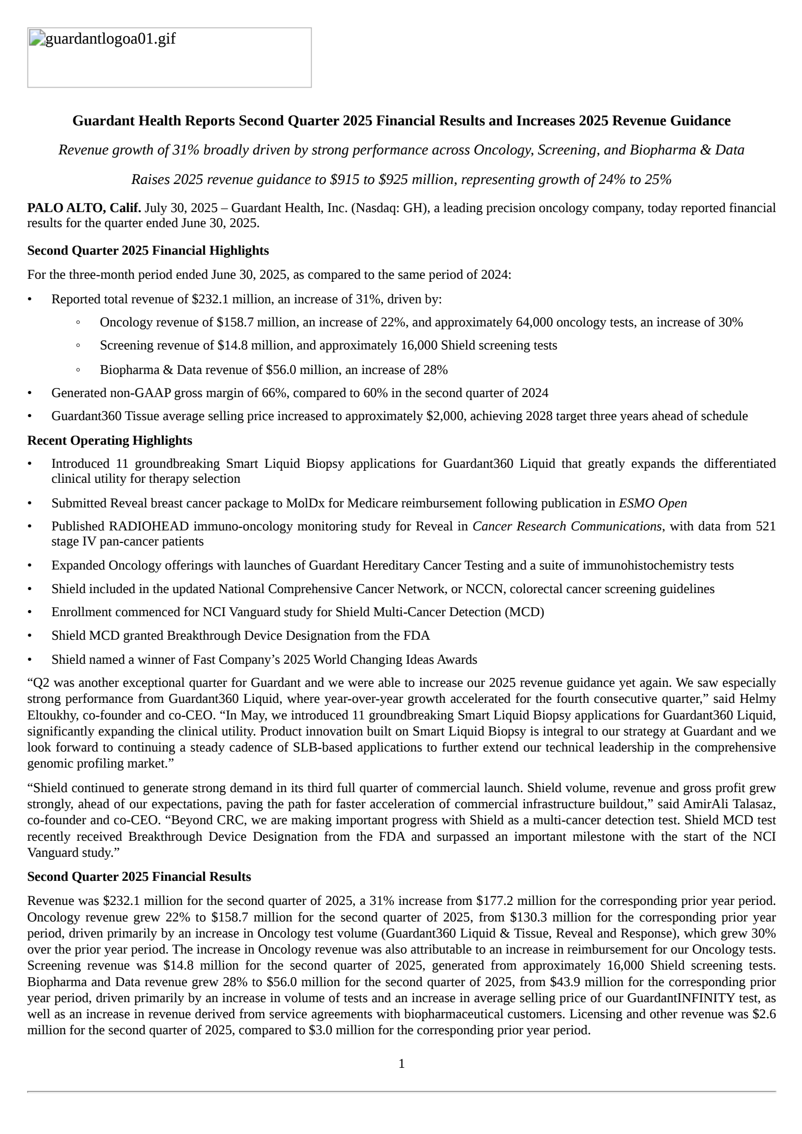 Guardant Health's Q2 2025 Press Release
