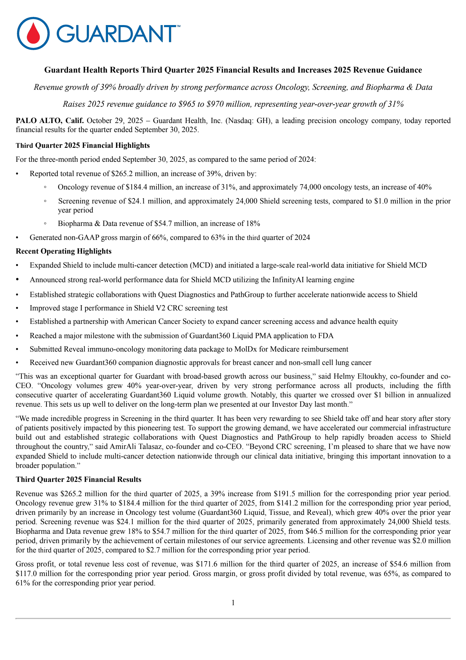 Guardant Health's Q3 2025 Earnings Release