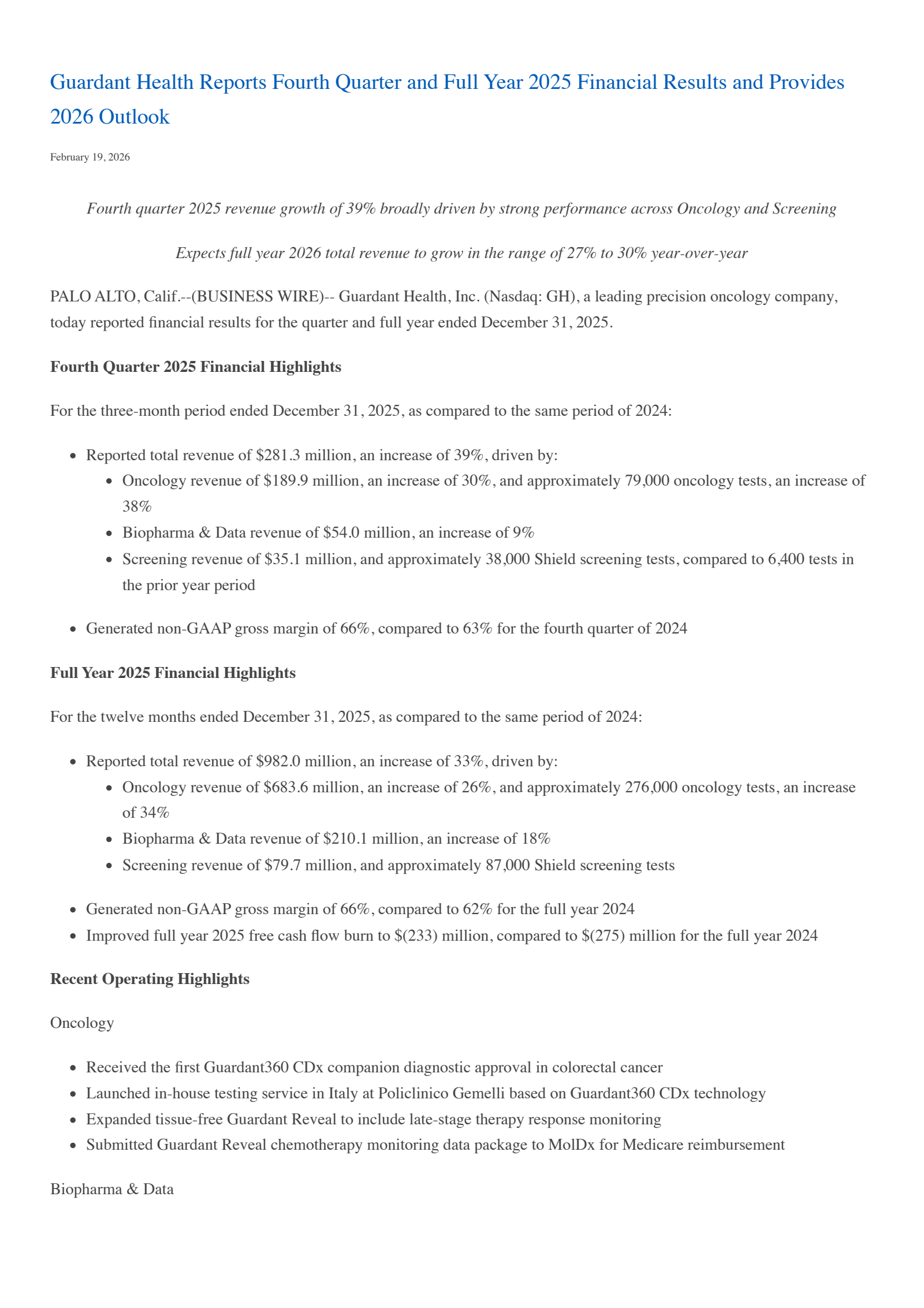 Guardant Health's Q4 2025 Press Release