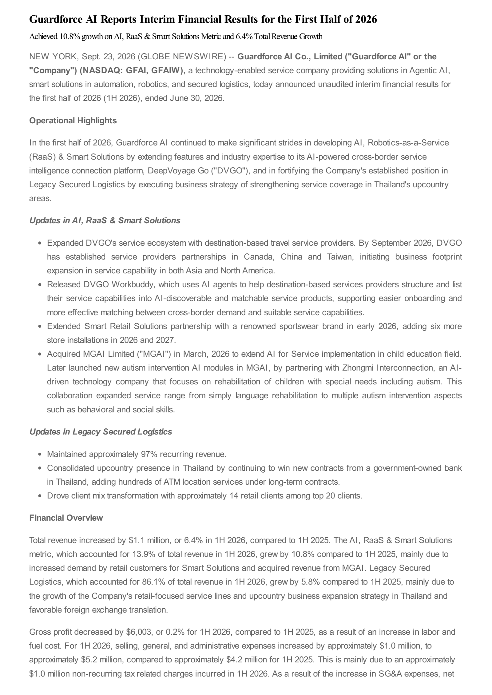 Guardforce AI's H1 2026 Press Release
