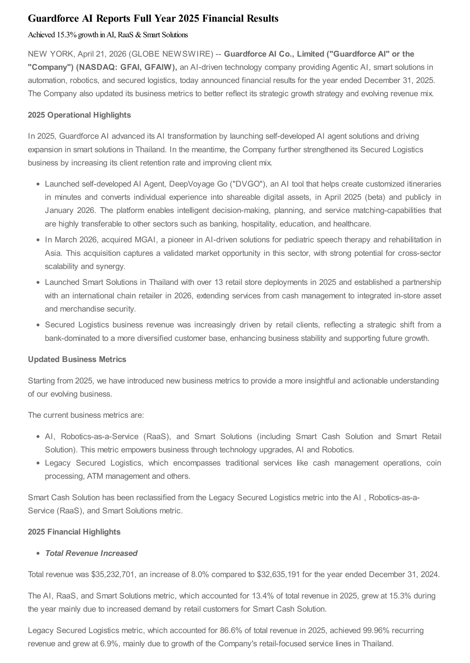 Guardforce AI's Q4 2025 Press Release