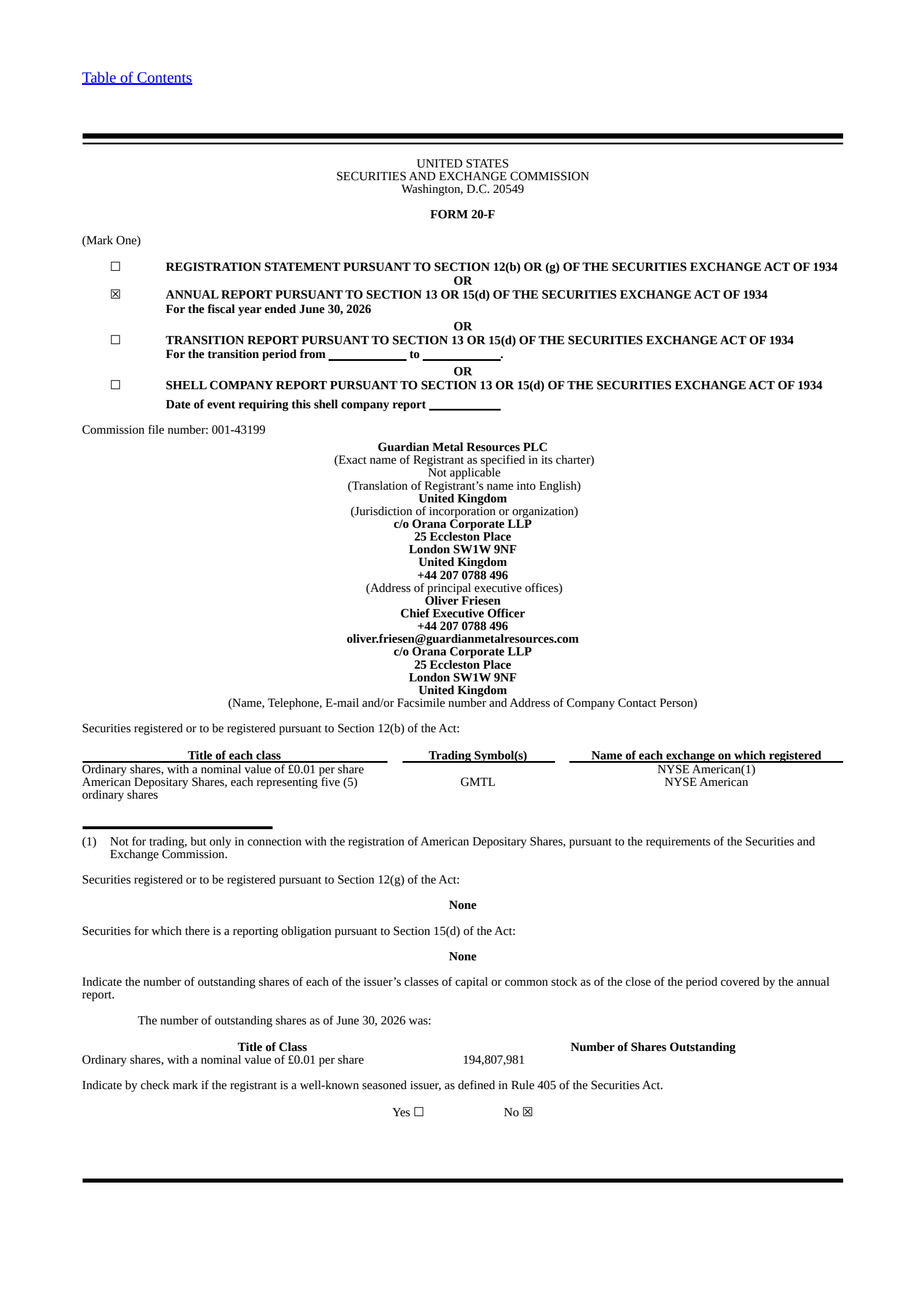 Guardian Metal Resources PLC American Depositary Shares, each representing five (5)'s H2 2026 Annual report