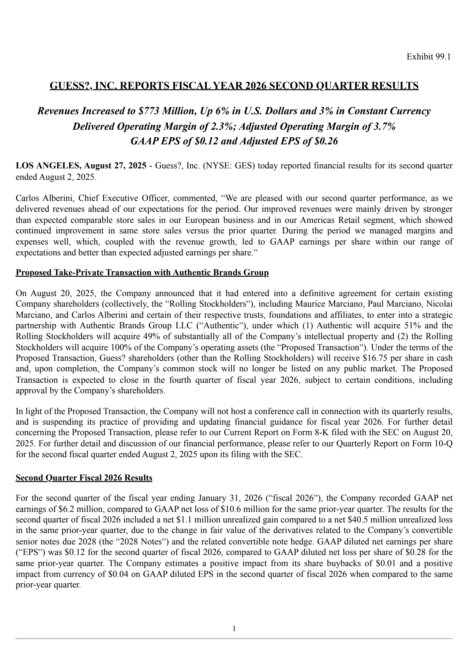 Guess?'s Q2 2026 Press Release