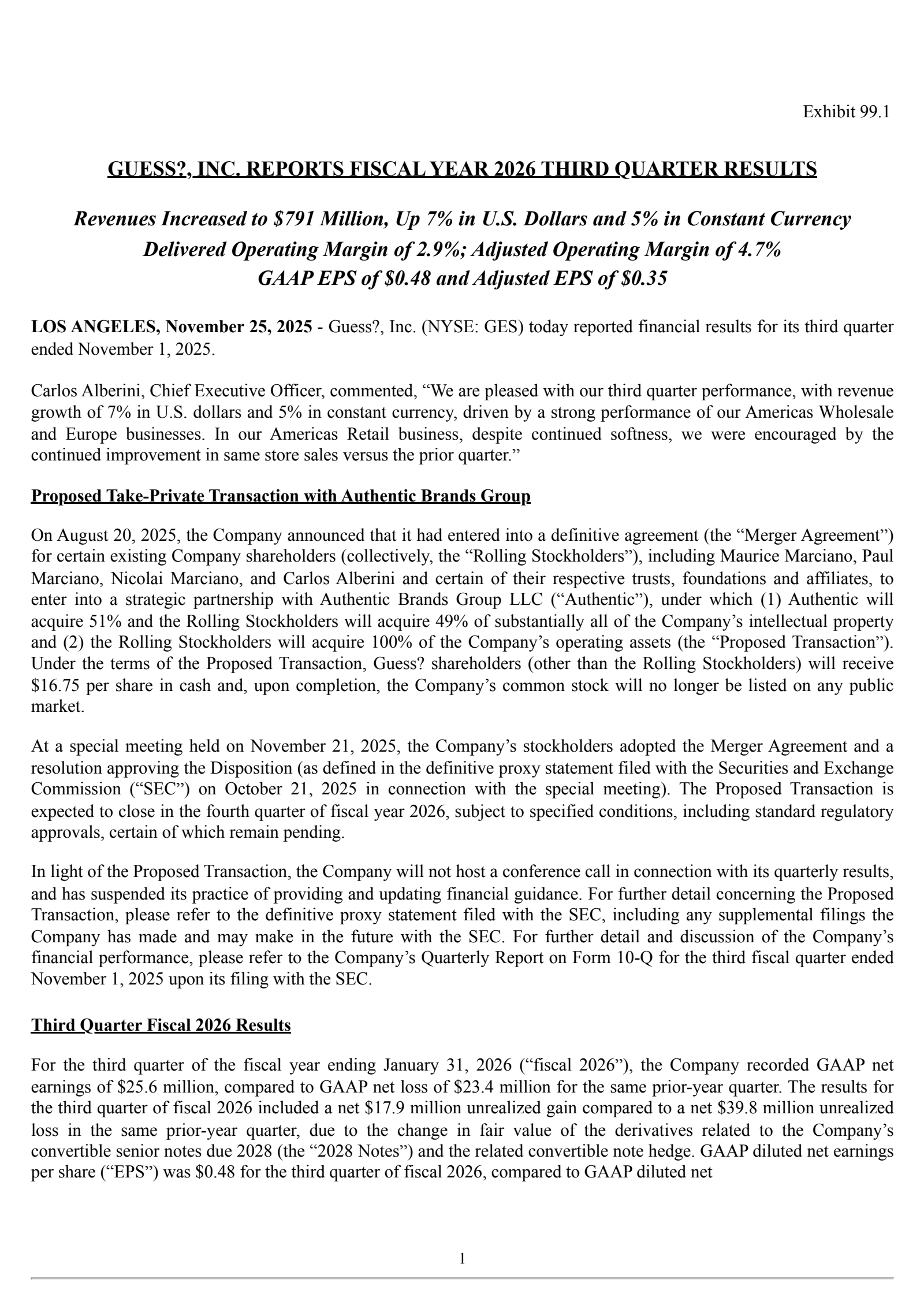 Guess?'s Q3 2026 Earnings Release