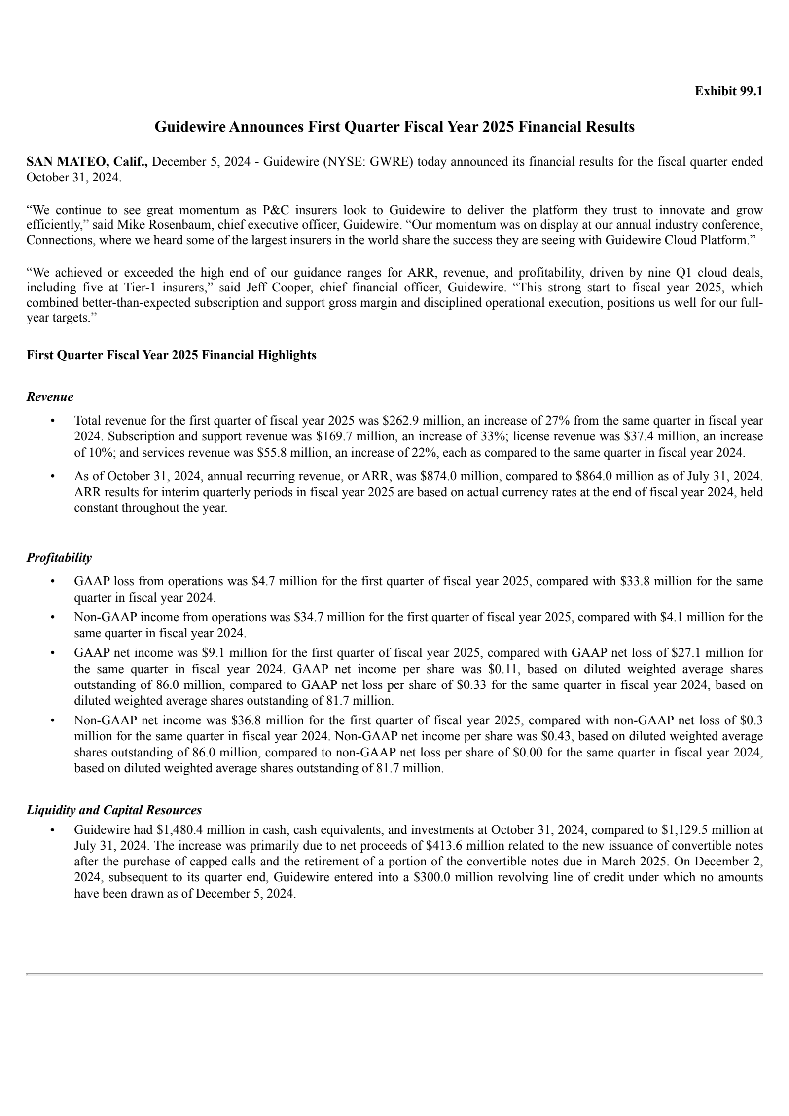 Guidewire Software's Q1 2025 Press Release