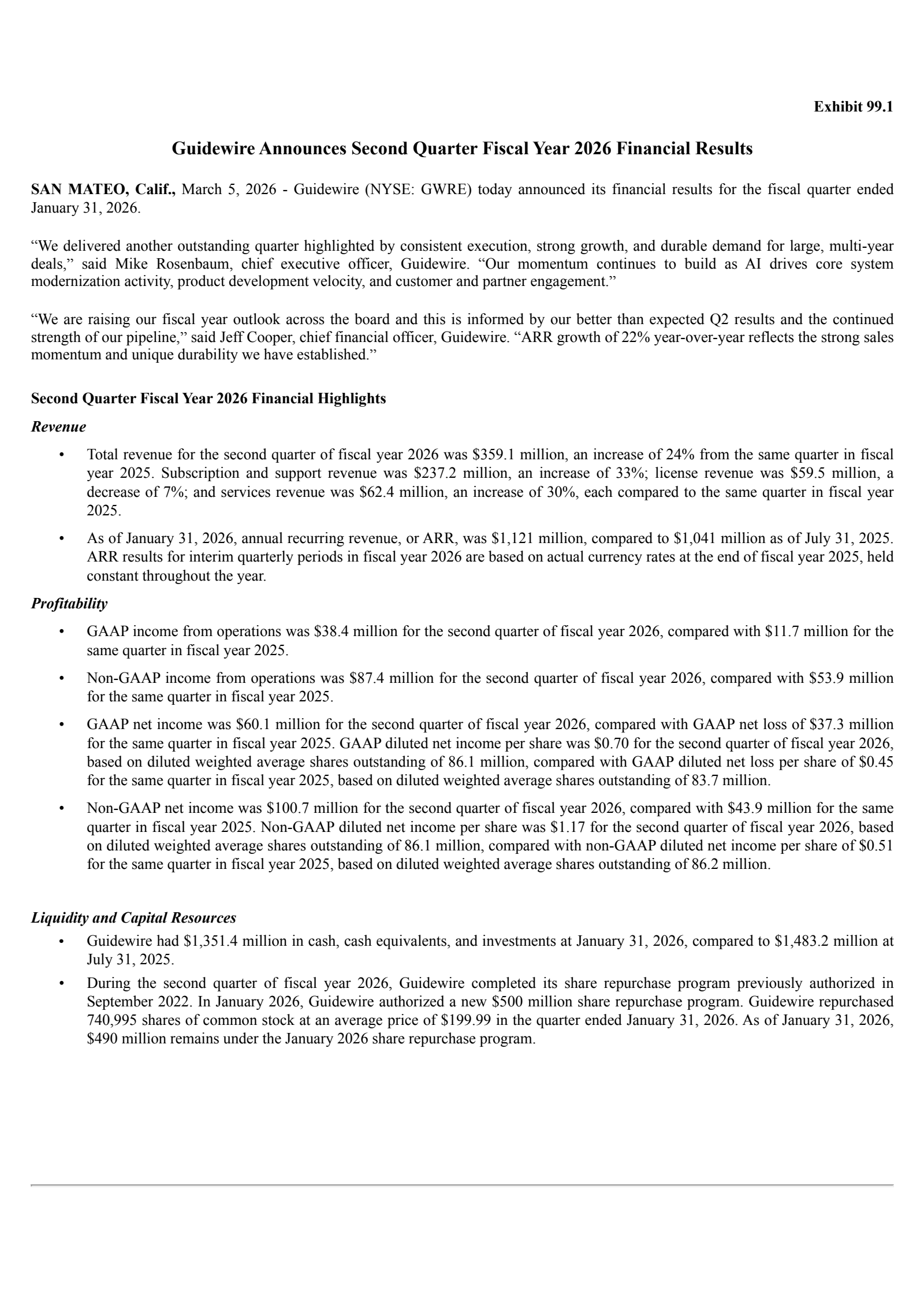 Guidewire Software's Q2 2026 Press Release