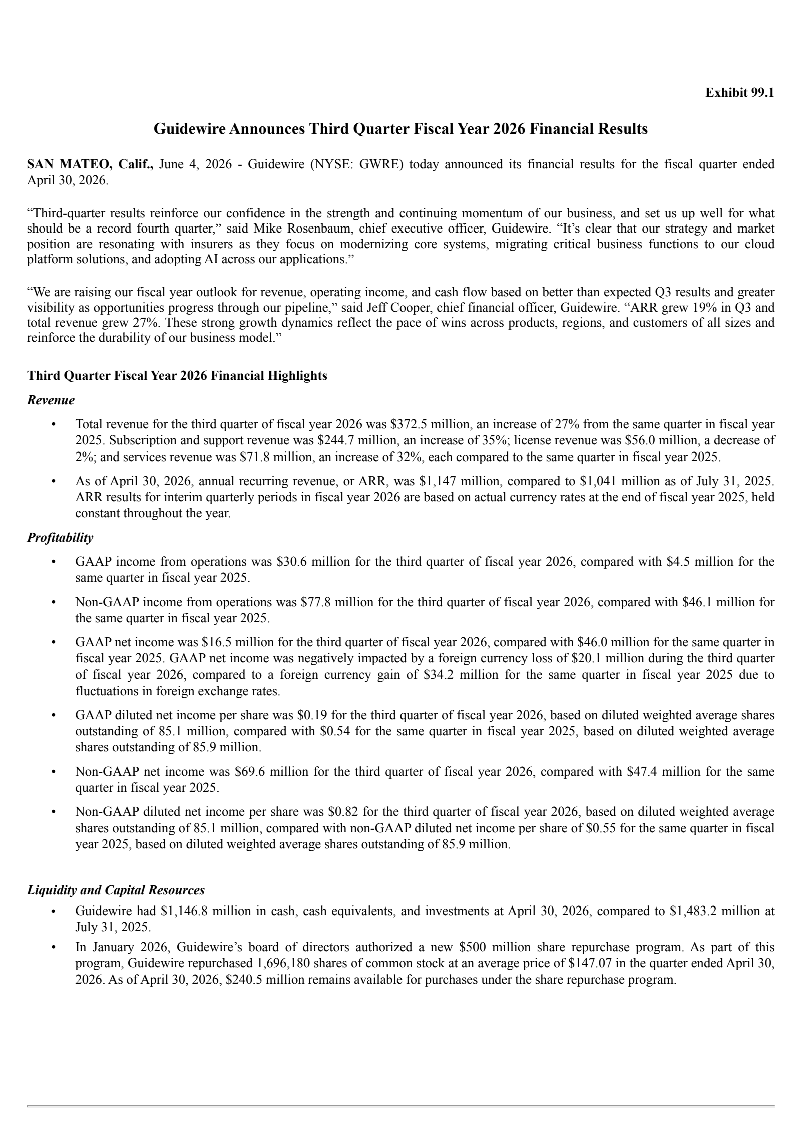 Guidewire Software's Q3 2026 Press Release
