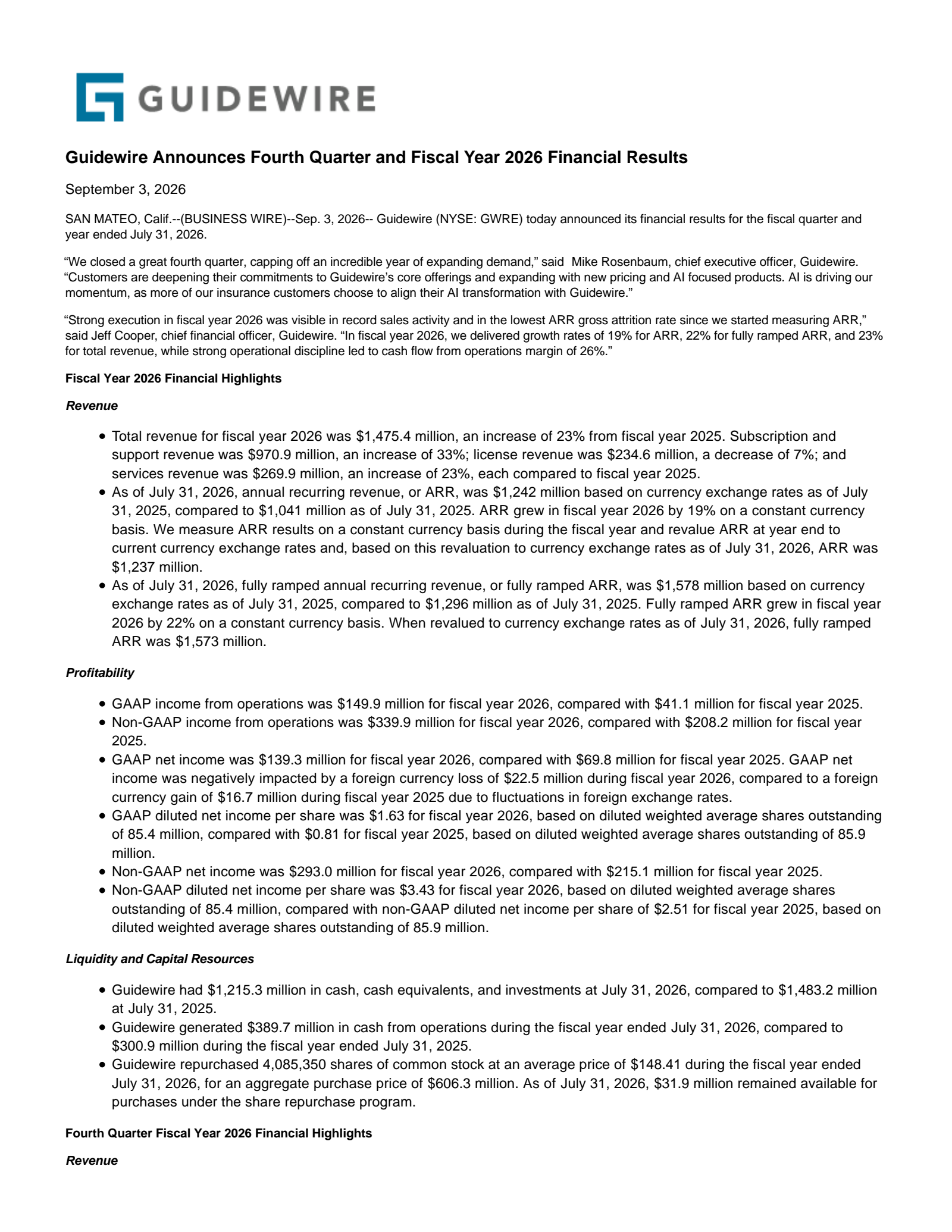 Guidewire Software's Q4 2026 Press Release