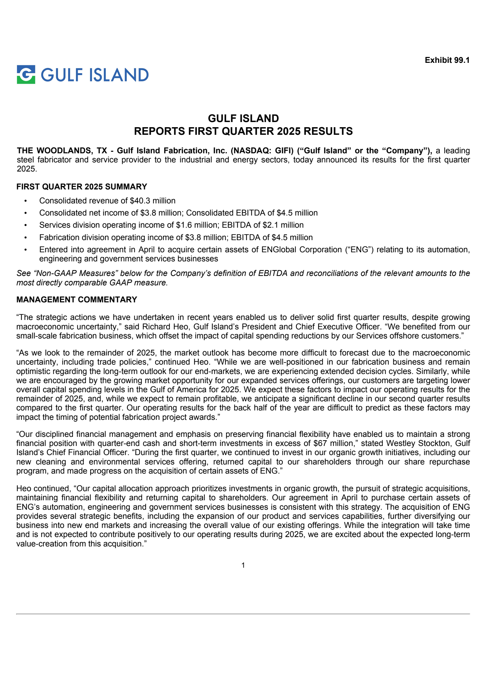 Gulf Island Fabrication's Q1 2025 Press Release