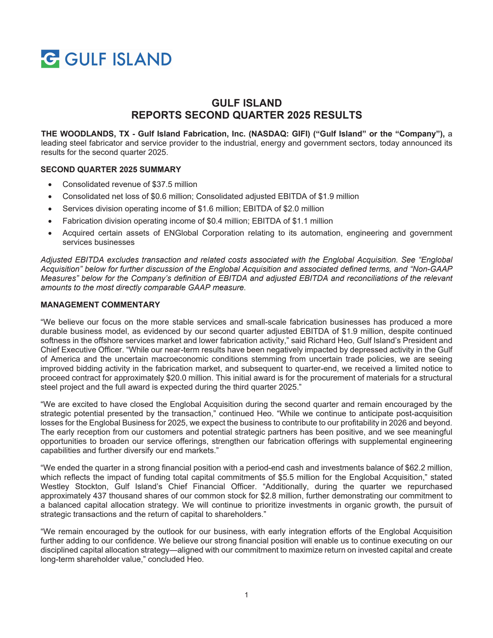 Gulf Island Fabrication's Q2 2025 Press Release