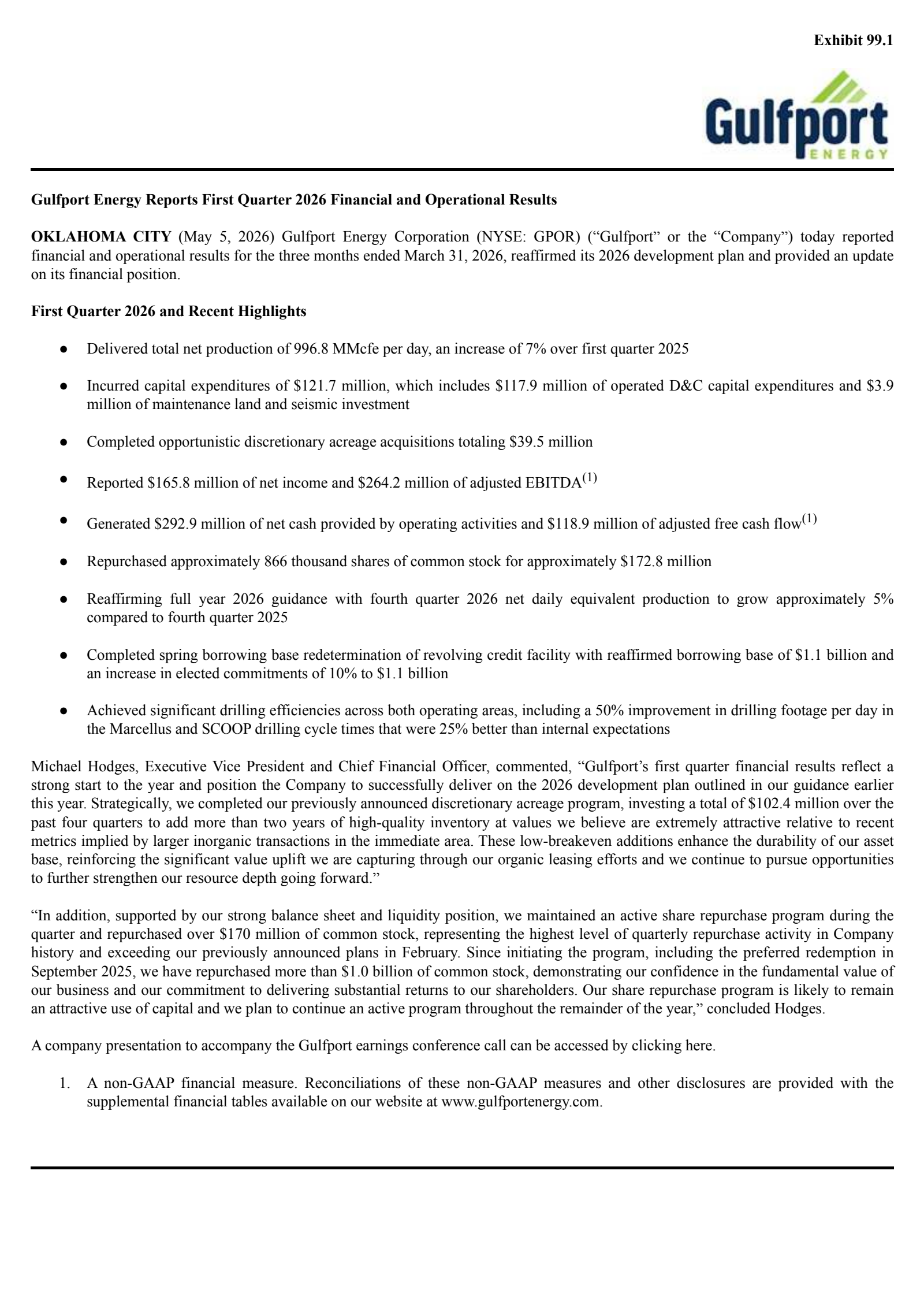 Gulfport Energy's Q1 2026 Press Release