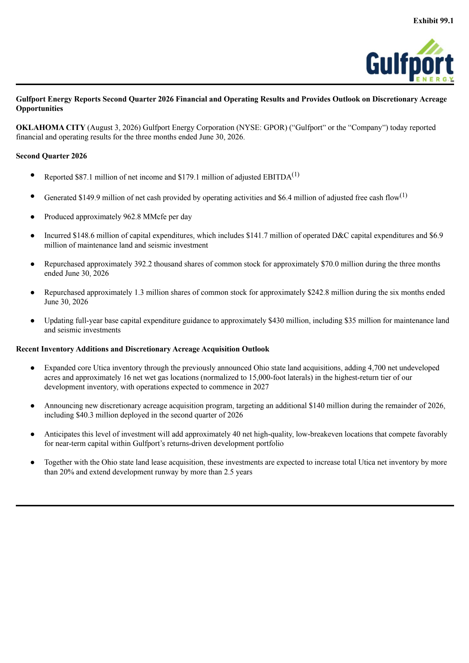 Gulfport Energy's Q2 2026 Press Release