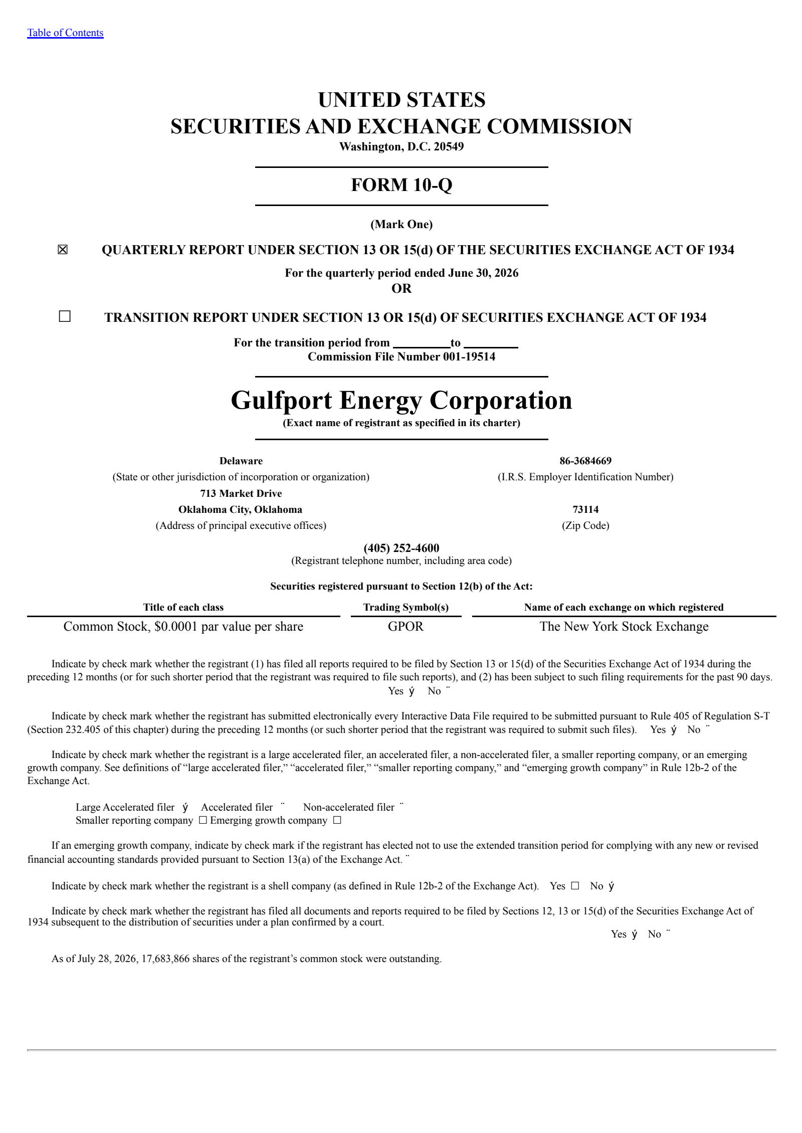 Gulfport Energy's Q2 2026 Quarterly report