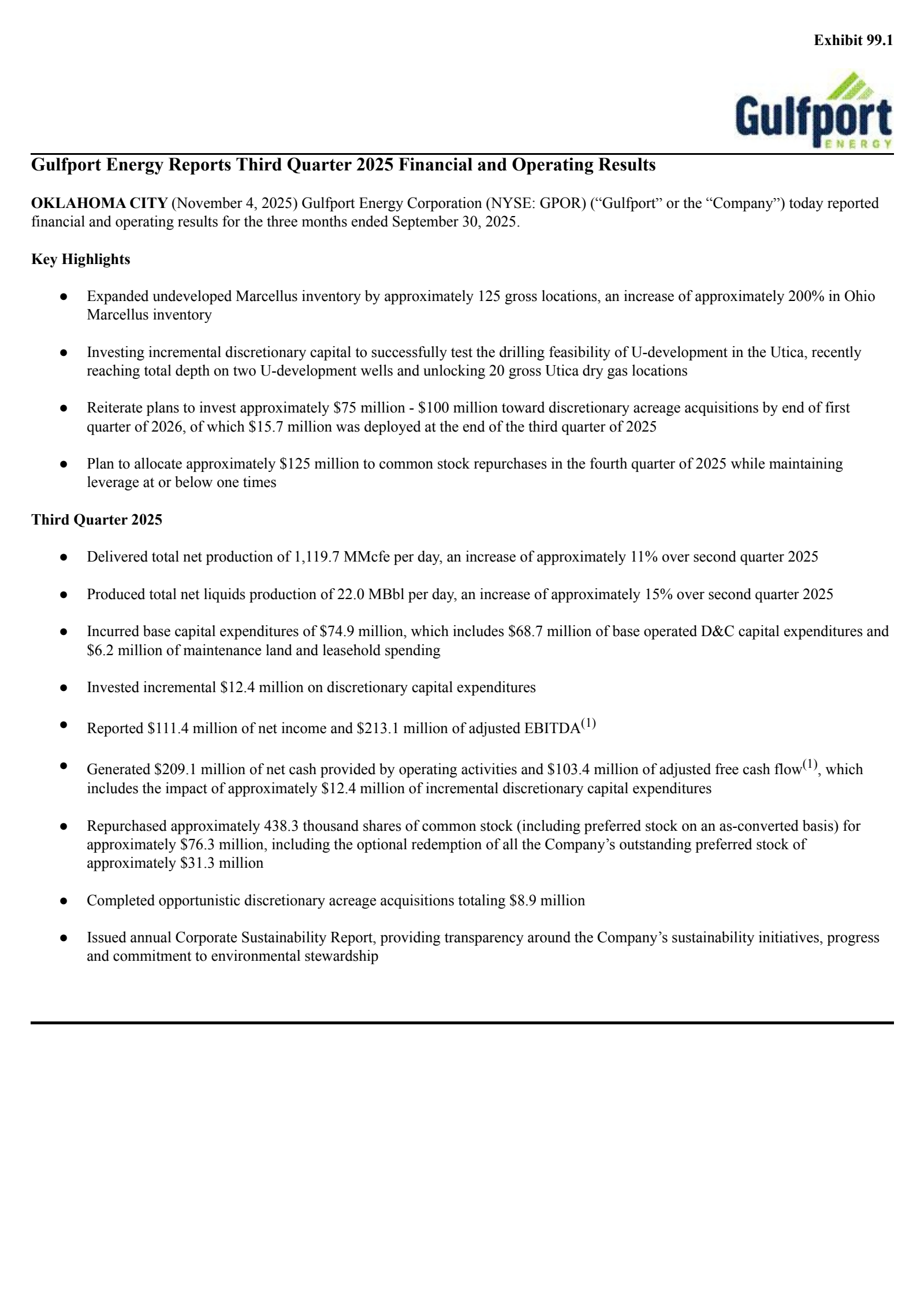 Gulfport Energy's Q3 2025 Earnings Release