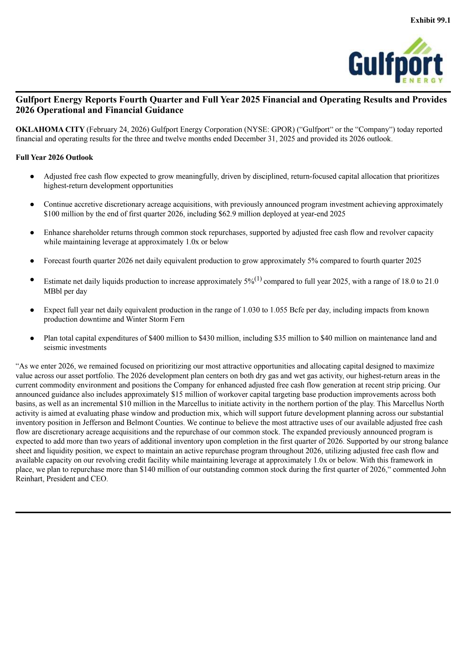 Gulfport Energy's Q4 2025 Press Release