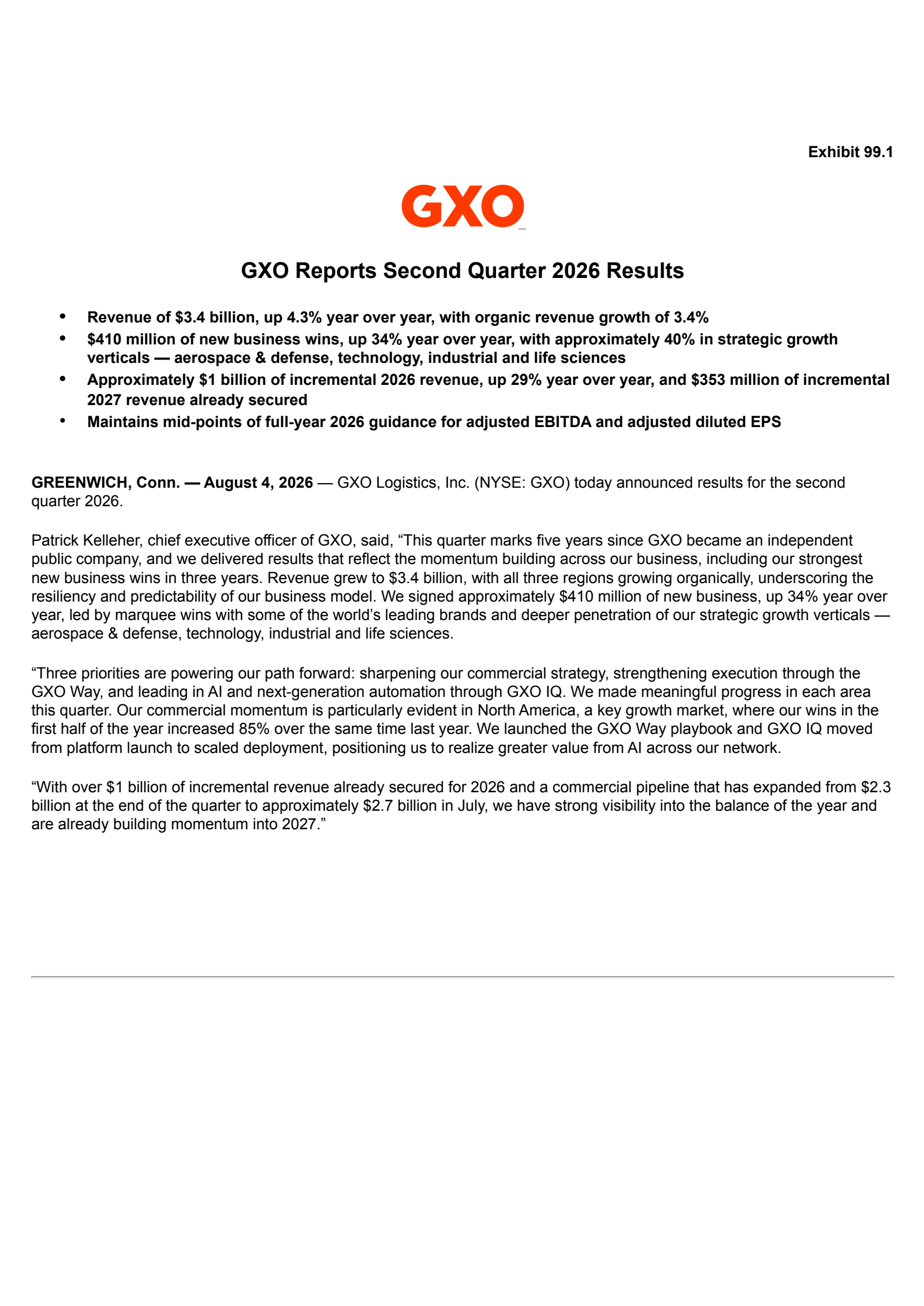 GXO Logistics' Q2 2026 Press Release