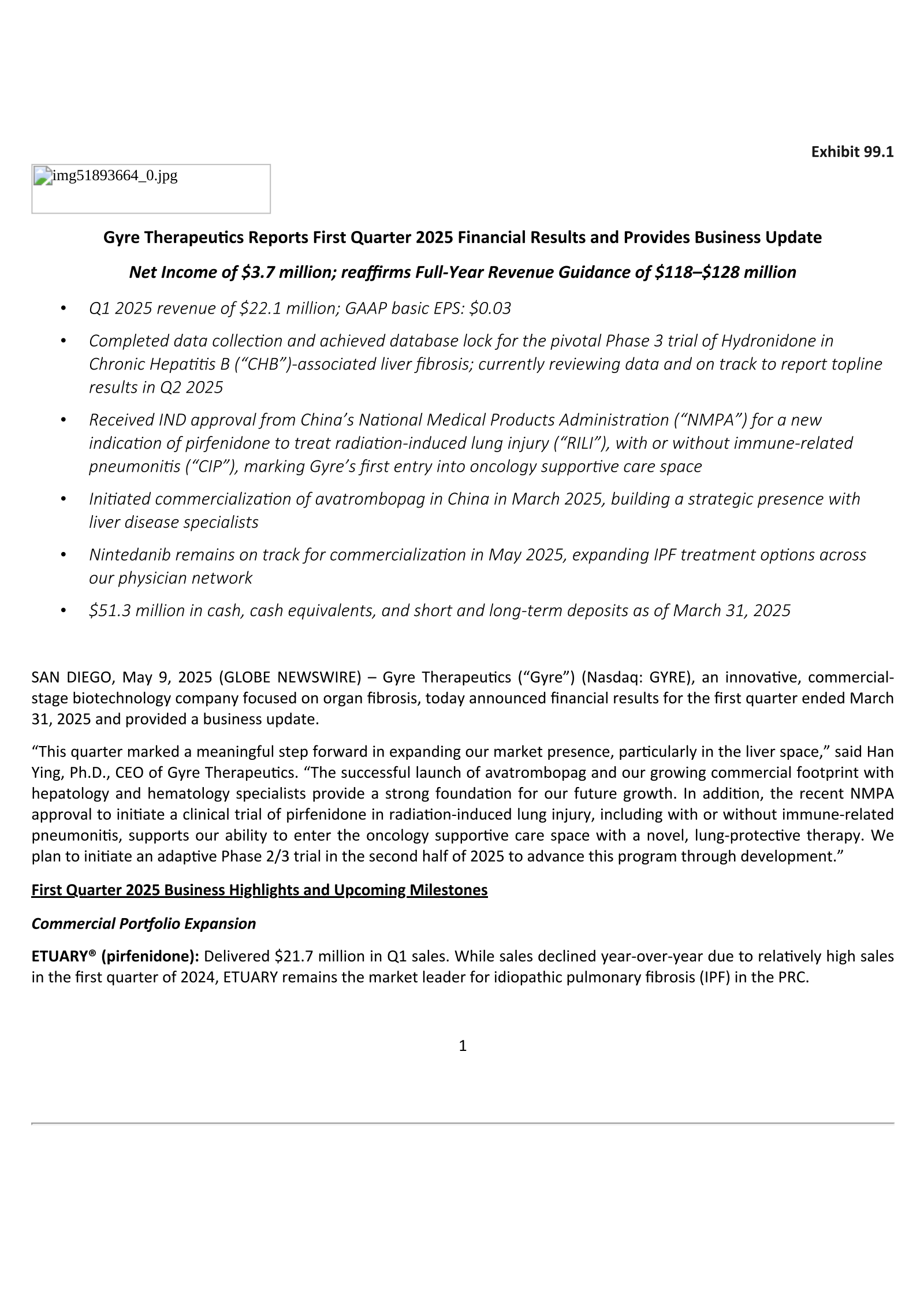 Gyre Therapeutics' Q1 2025 Press Release