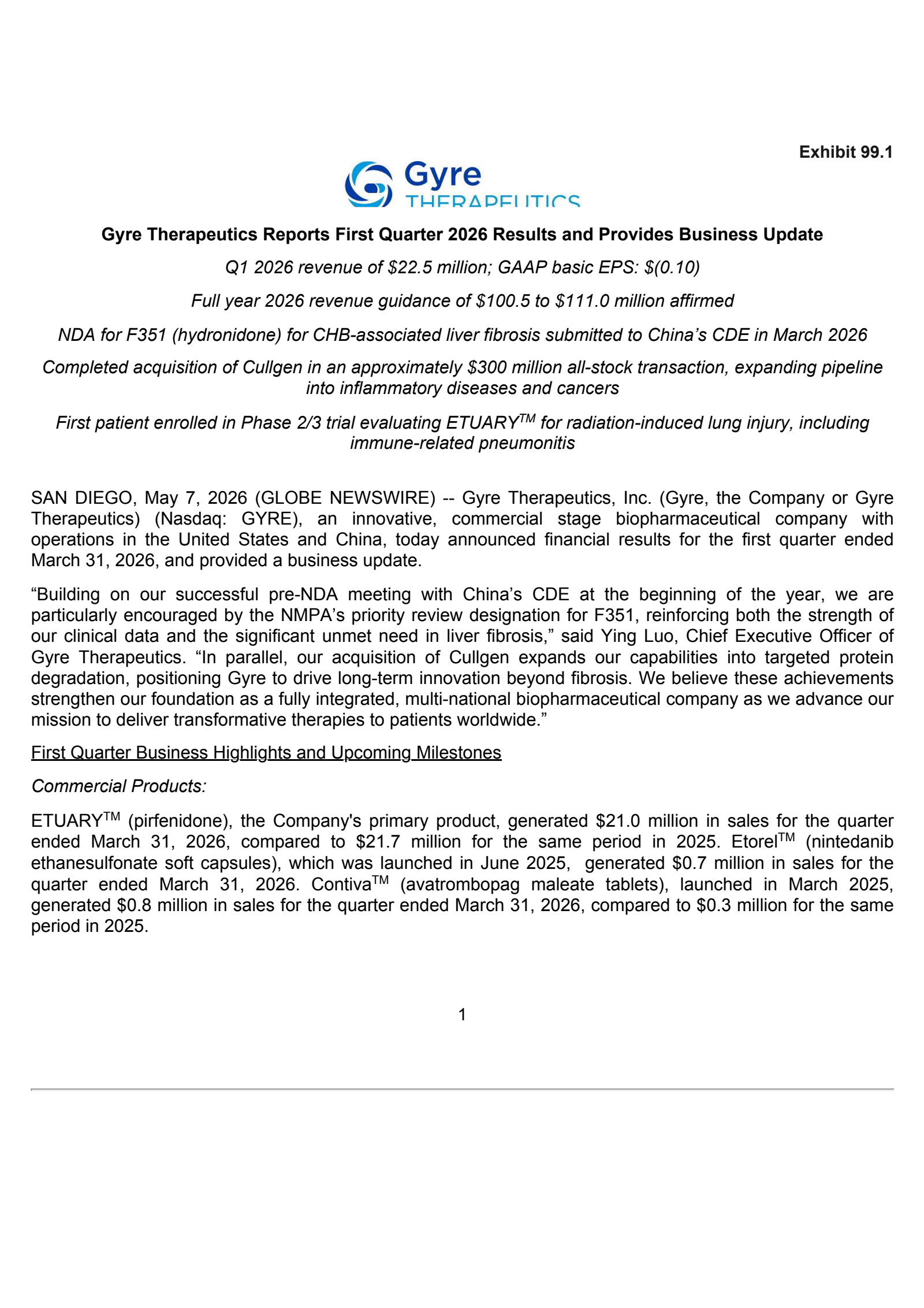 Gyre Therapeutics' Q1 2026 Press Release