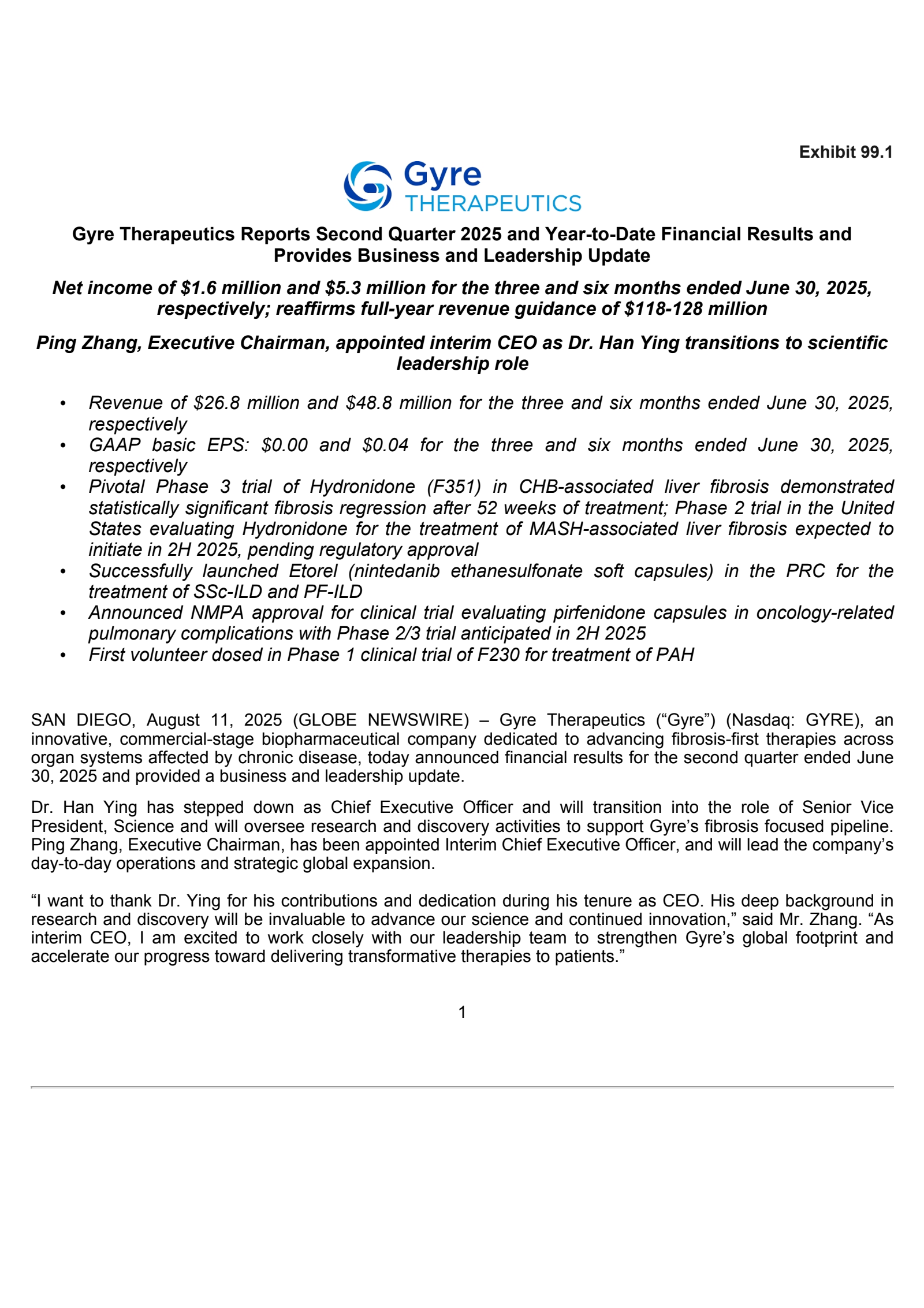Gyre Therapeutics' Q2 2025 Press Release