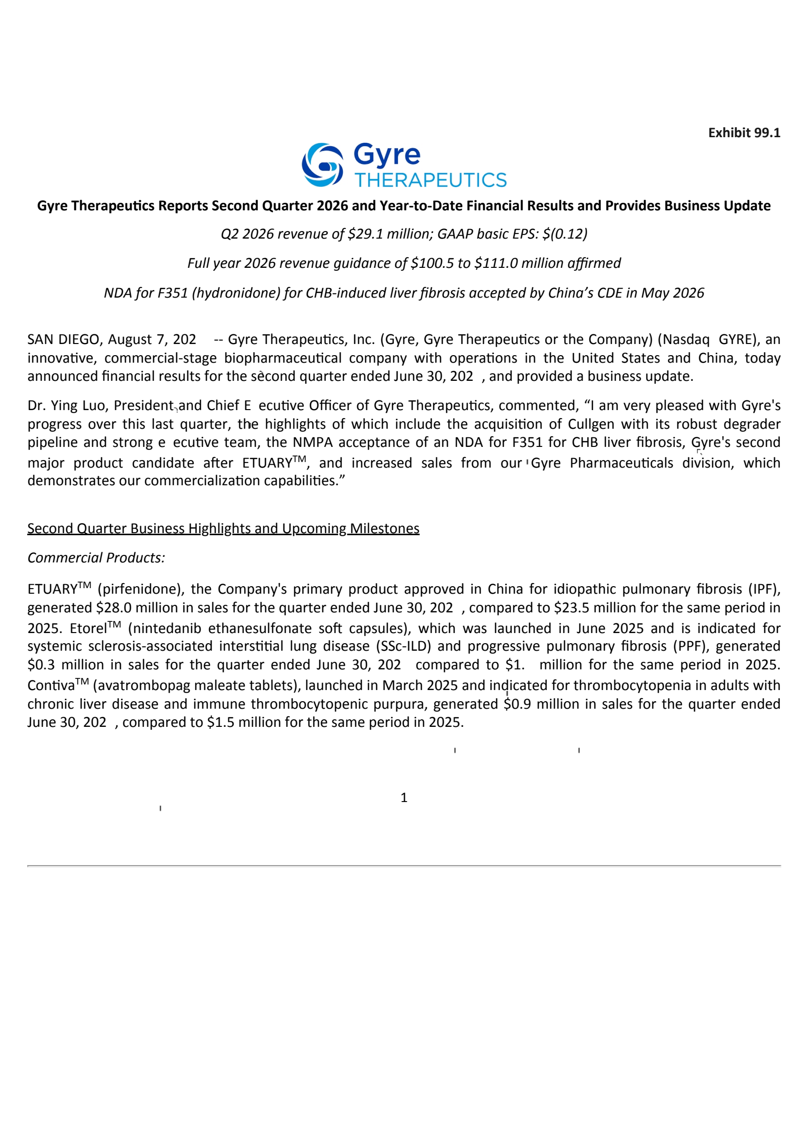 Gyre Therapeutics' Q2 2026 Press Release