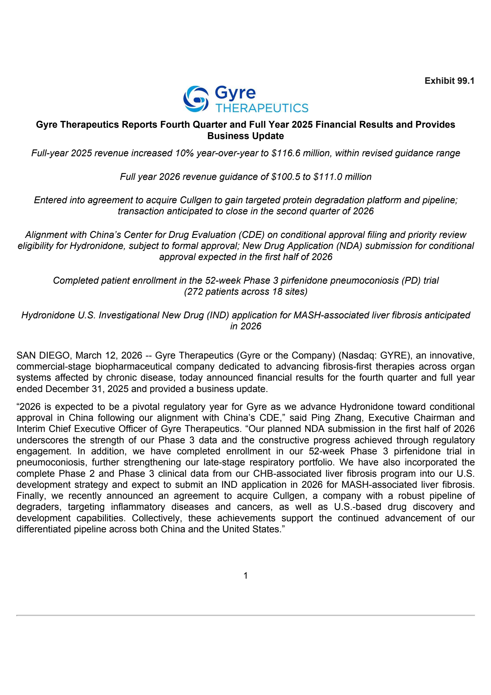 Gyre Therapeutics' Q4 2025 Press Release
