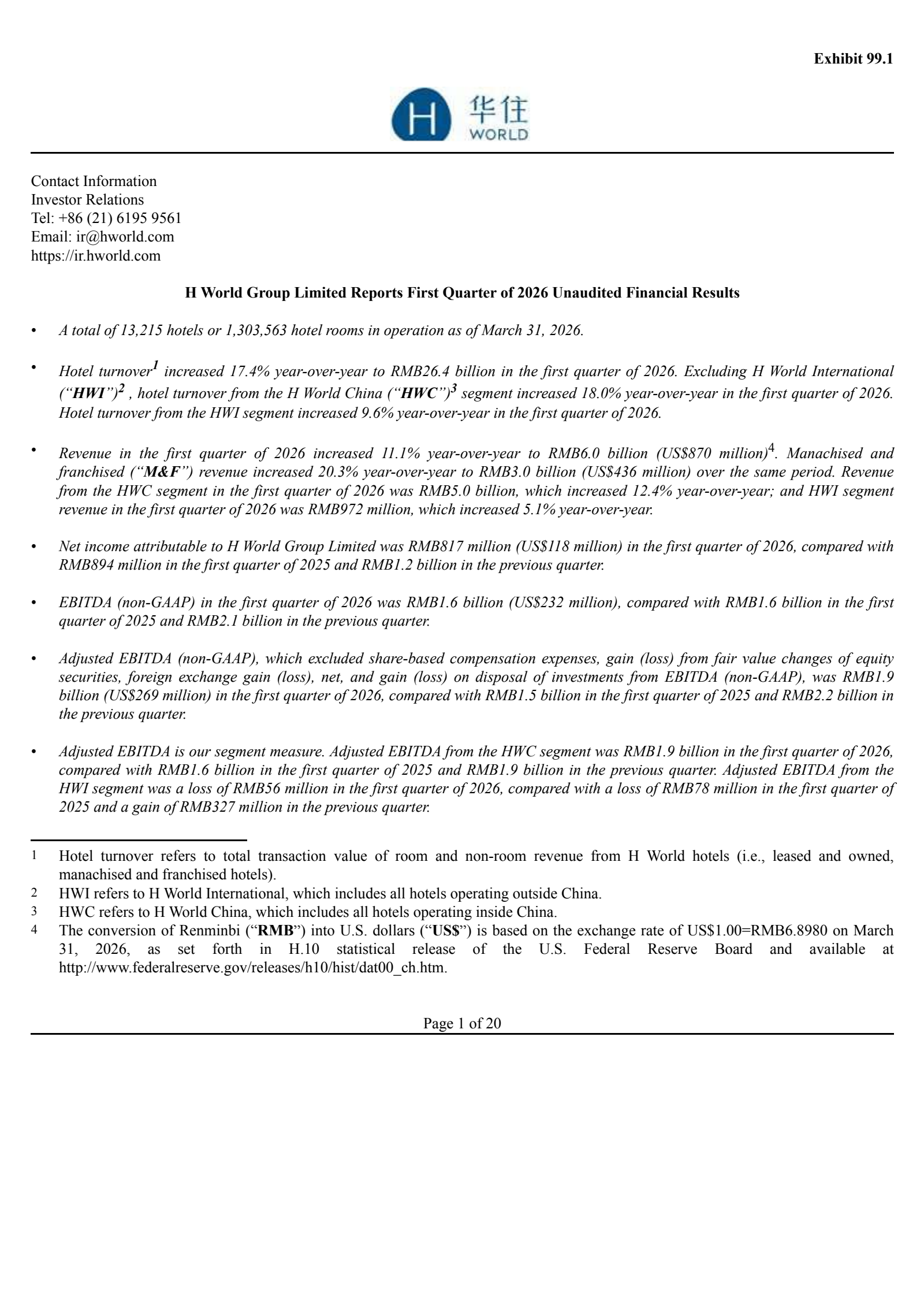H World Group's Q1 2026 Press Release